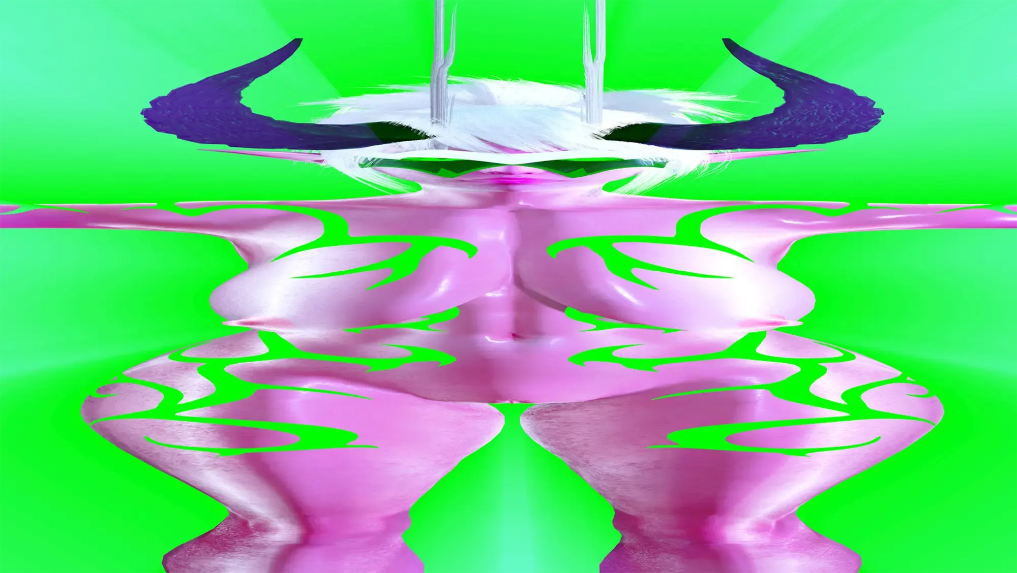 futuristic digital artwork 2b or not 2b 2024 by heavenly peach banquet featuring a blue-skinned cybernetic figure with a metallic headpiece and a floating figure with white hair and a dark bodysuit against a bright green background adorned with flowers and butterflies dye sublimated on aluminum 15.7 x 28 inches exploring themes of identity technology and nature