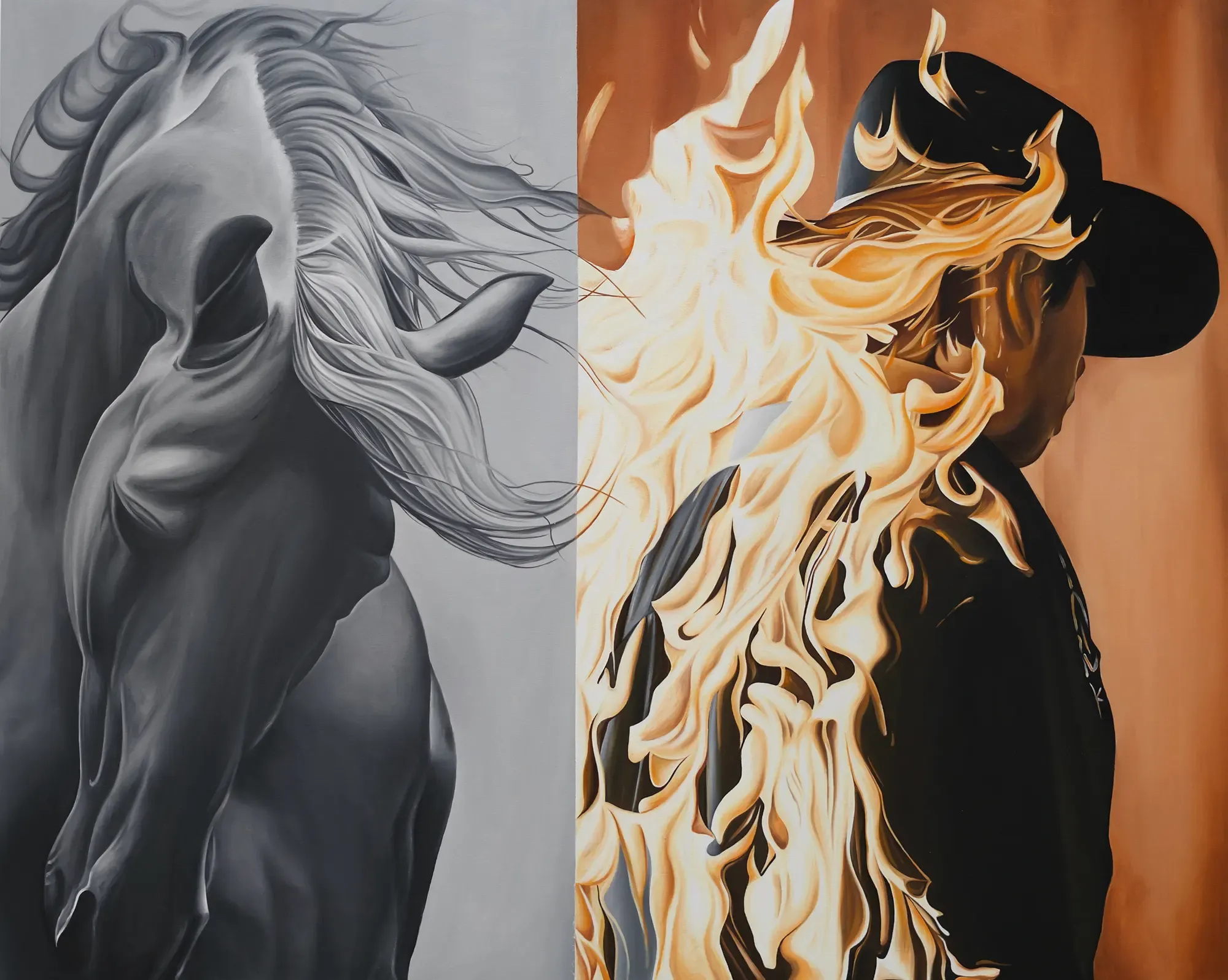 oil painting by ricardo rodriguez cosme featuring a galloping horse and a cowboy with flames
