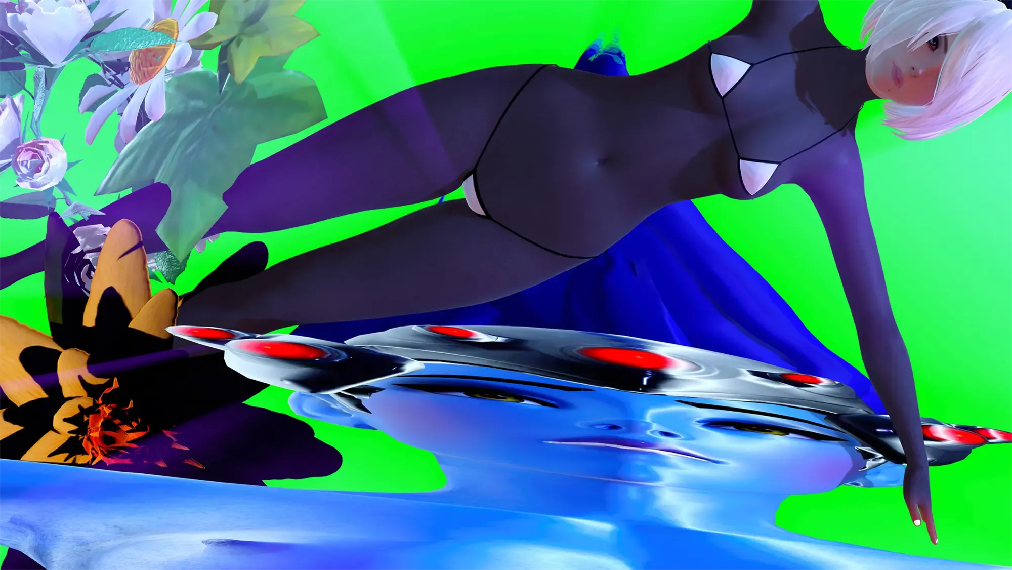 vibrant digital artwork the hunter is nothing without the hunt 2024 by heavenly peach banquet featuring a surreal pink cybernetic figure with a horned helmet and white hair set against a vivid green background dye sublimated on aluminum 15.7 x 28 inches exploring themes of power and identity