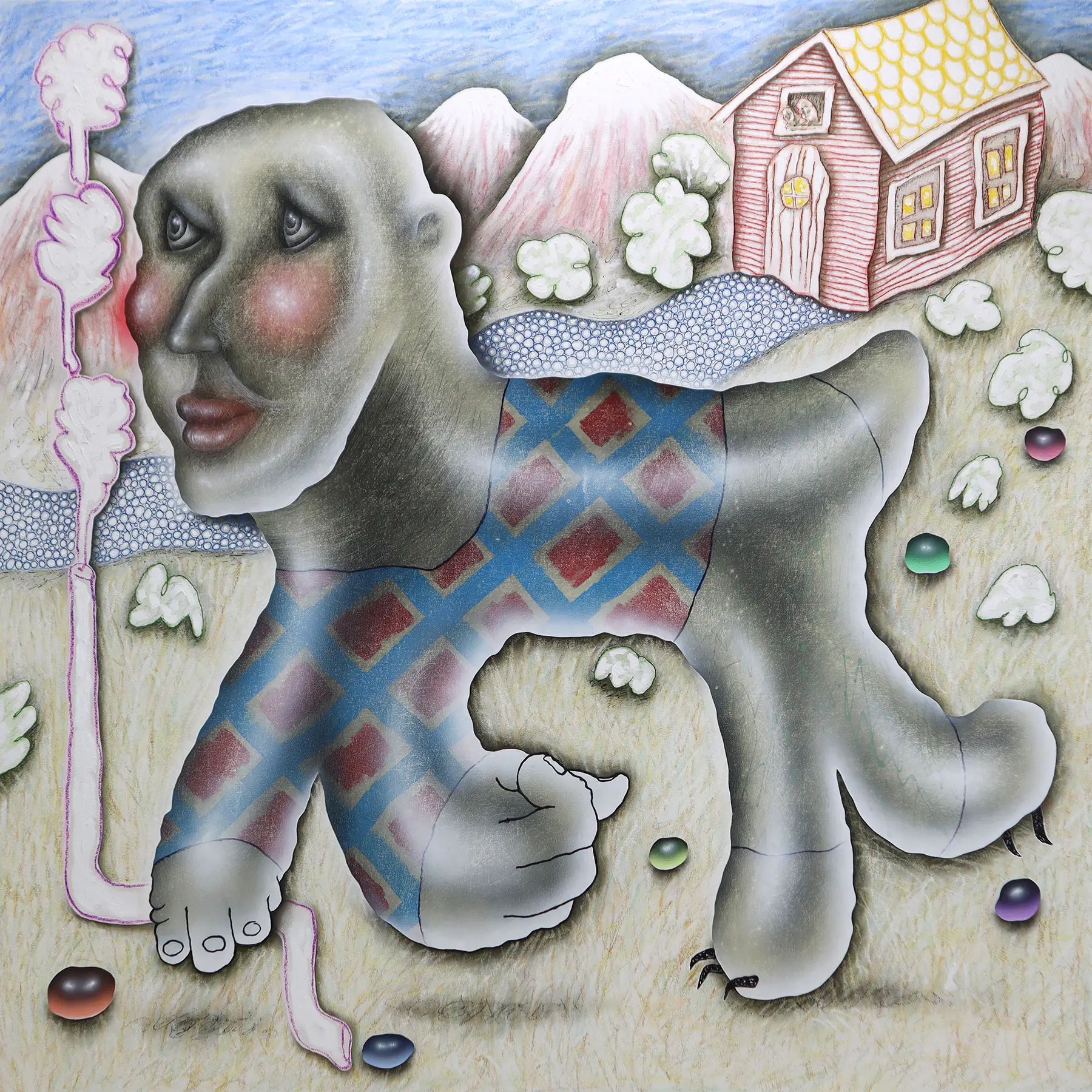 bijijoo, artwork,  human oil acrylic ink and pastel on canvas 160x160cm 2023 contemporary painting with surreal human form and bold textures