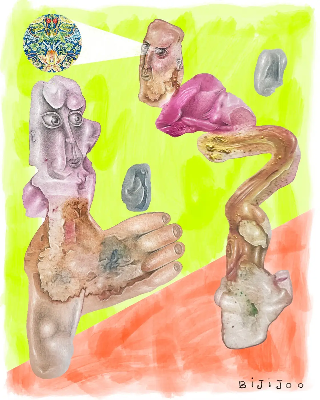 bijijoo artist,  mind reading digital 2024 painting with surreal figures and vibrant colors blending thought and technology