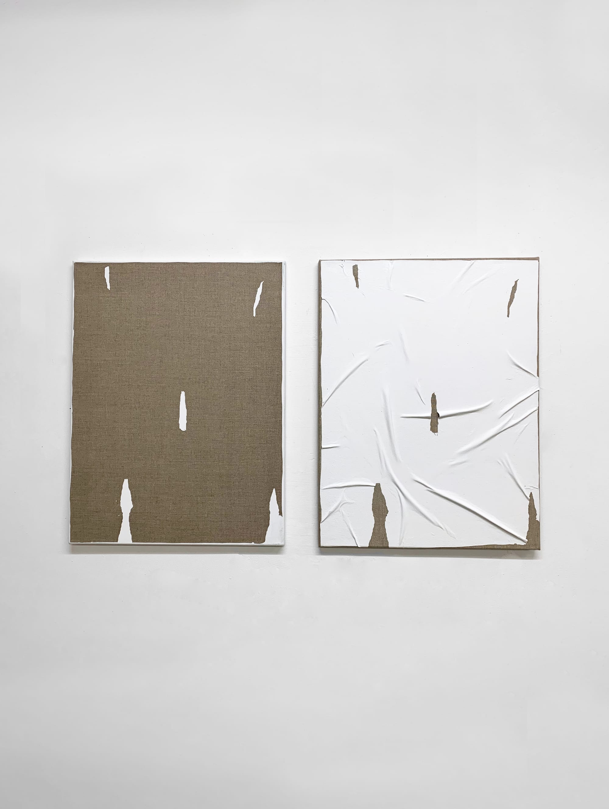 Transferred Gesso No. 8 (2019) by Kirsten Hutsch – diptych with gesso on linen, exploring material presence and surface.
