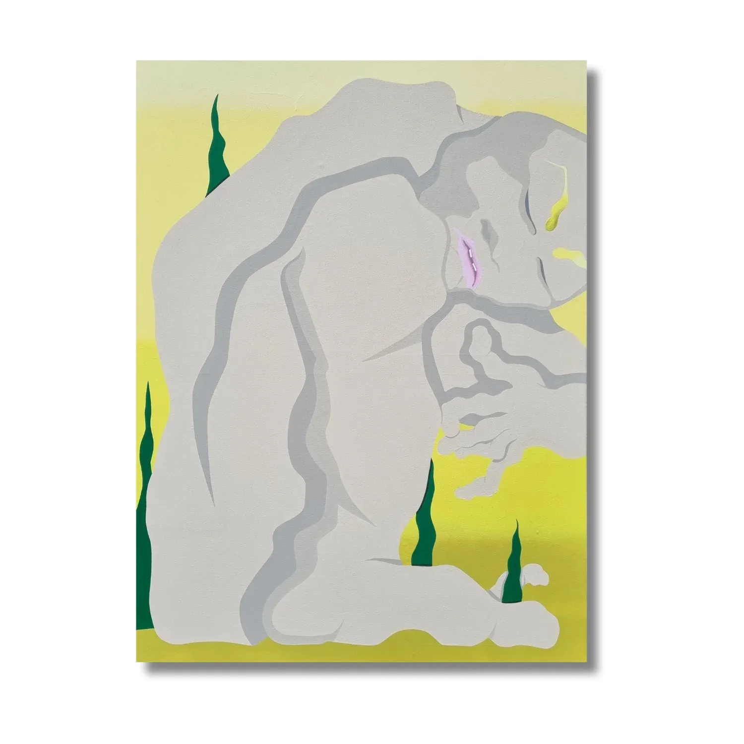 crylic painting Ich fühl’ mich nicht (2024) by Rosina Rosinski, showing a pale, abstracted figure against a yellow-green background, expressing emotional detachment and introspective stillness.