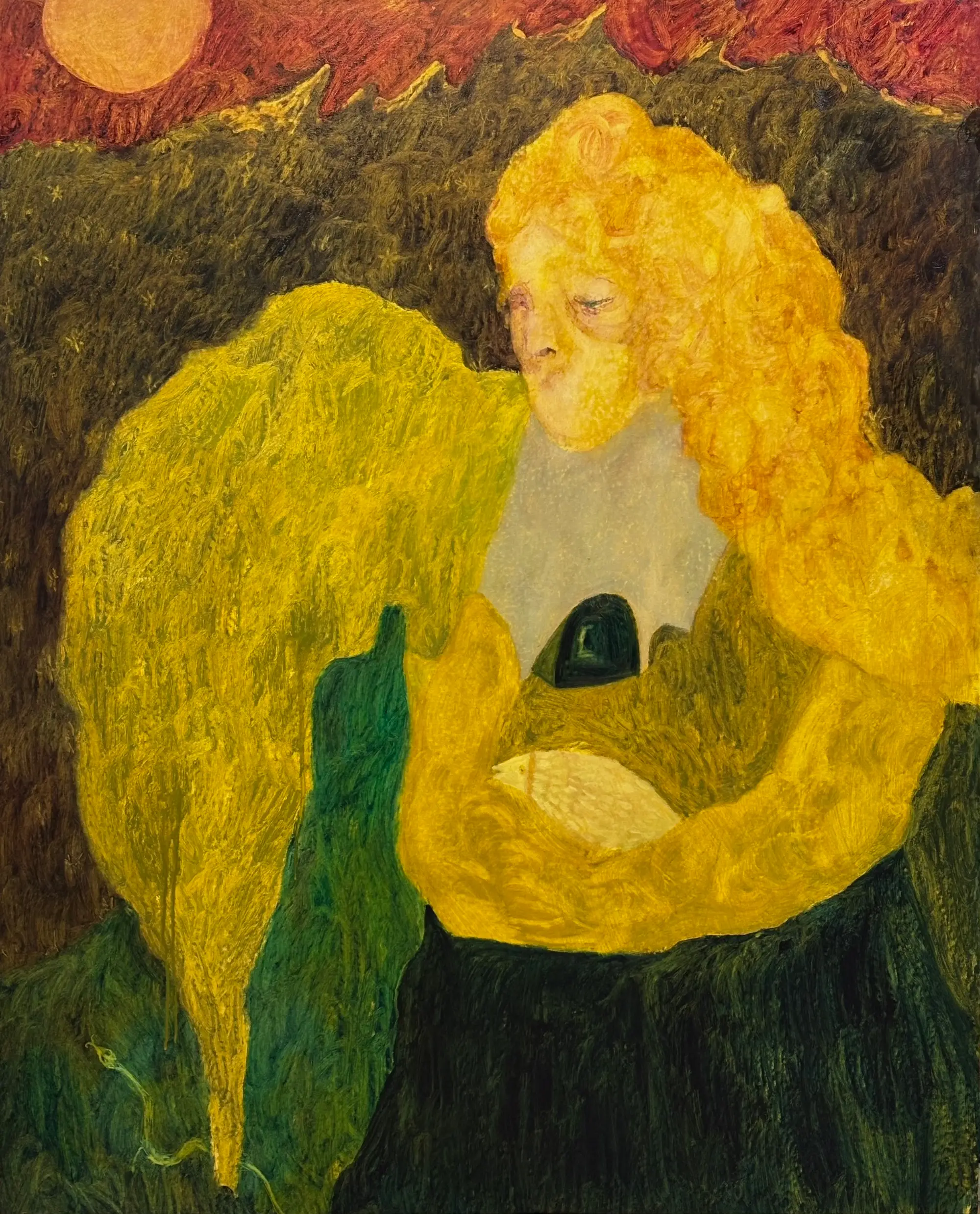 Large-scale painting by Sopho Mamaladze titled “Dust from Within” (2025), 165 × 130 cm, revealing layered emotions and mythic resonance through textured figuration.