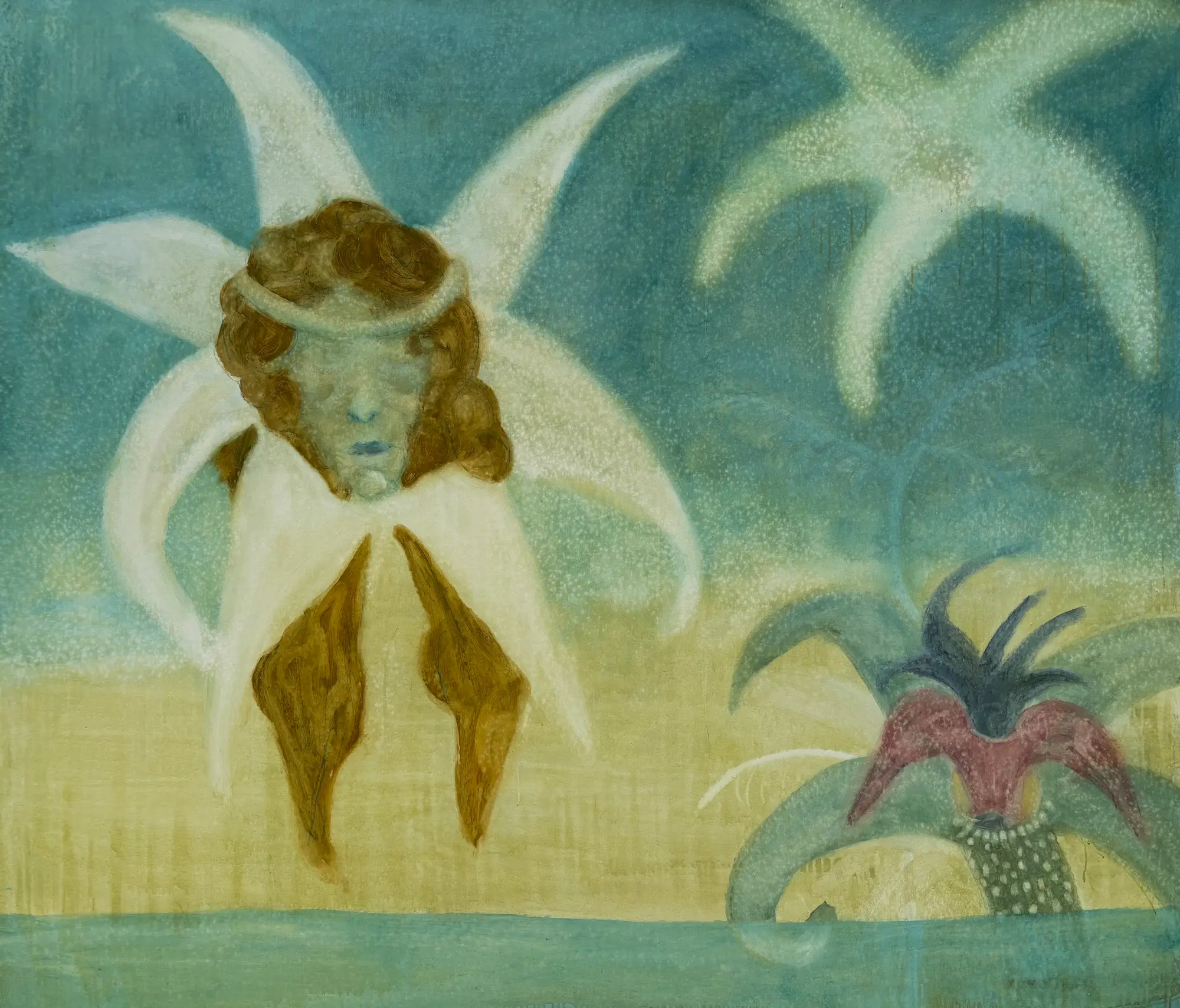 Painting by Sopho Mamaladze titled “What Lingers Beyond the Flesh” (2025), exploring the blurred boundaries between body, spirit, and myth.