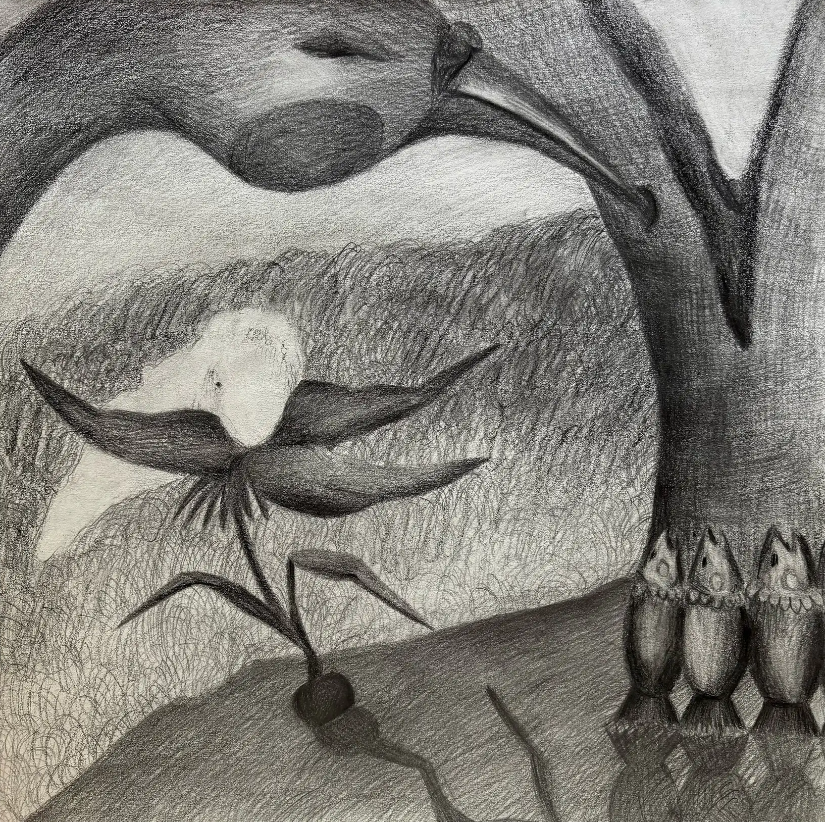 Painting by Sopho Mamaladze titled “Wind Guardians” (2025), a 30 × 30 cm work evoking mythic protectors and emotional landscapes.