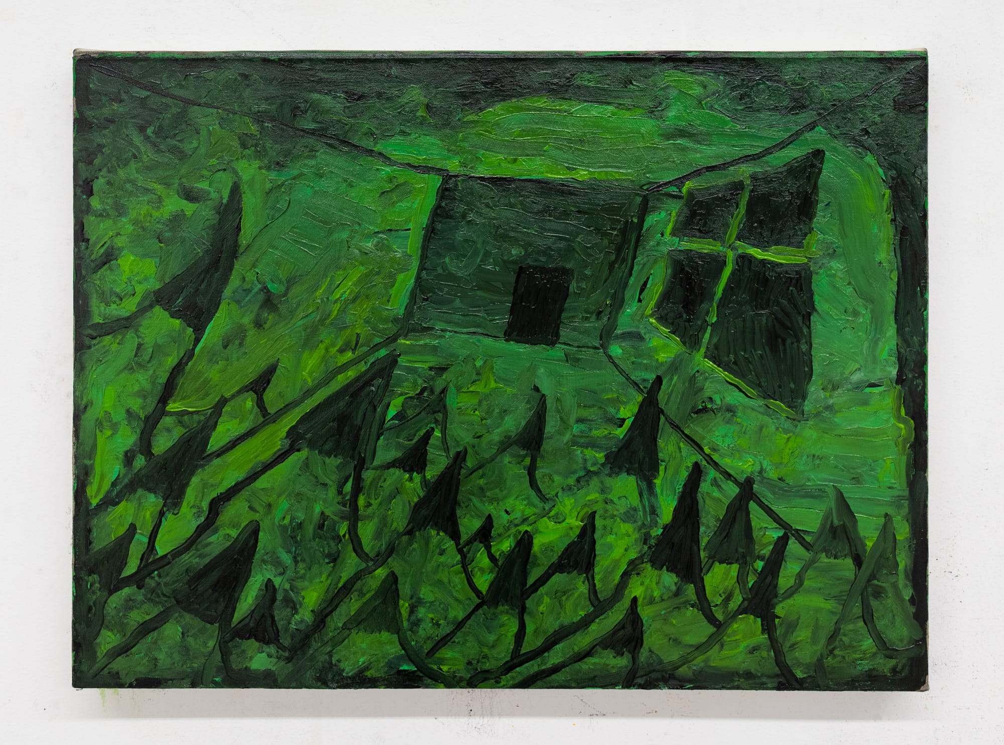 A Green Room at Night’ (2025) by Taylor A. White – small-scale contemporary painting in deep green tones, textured brushwork, abstract interior with dark angular shapes and shadowed geometry, evoking a mysterious nocturnal atmosphere.