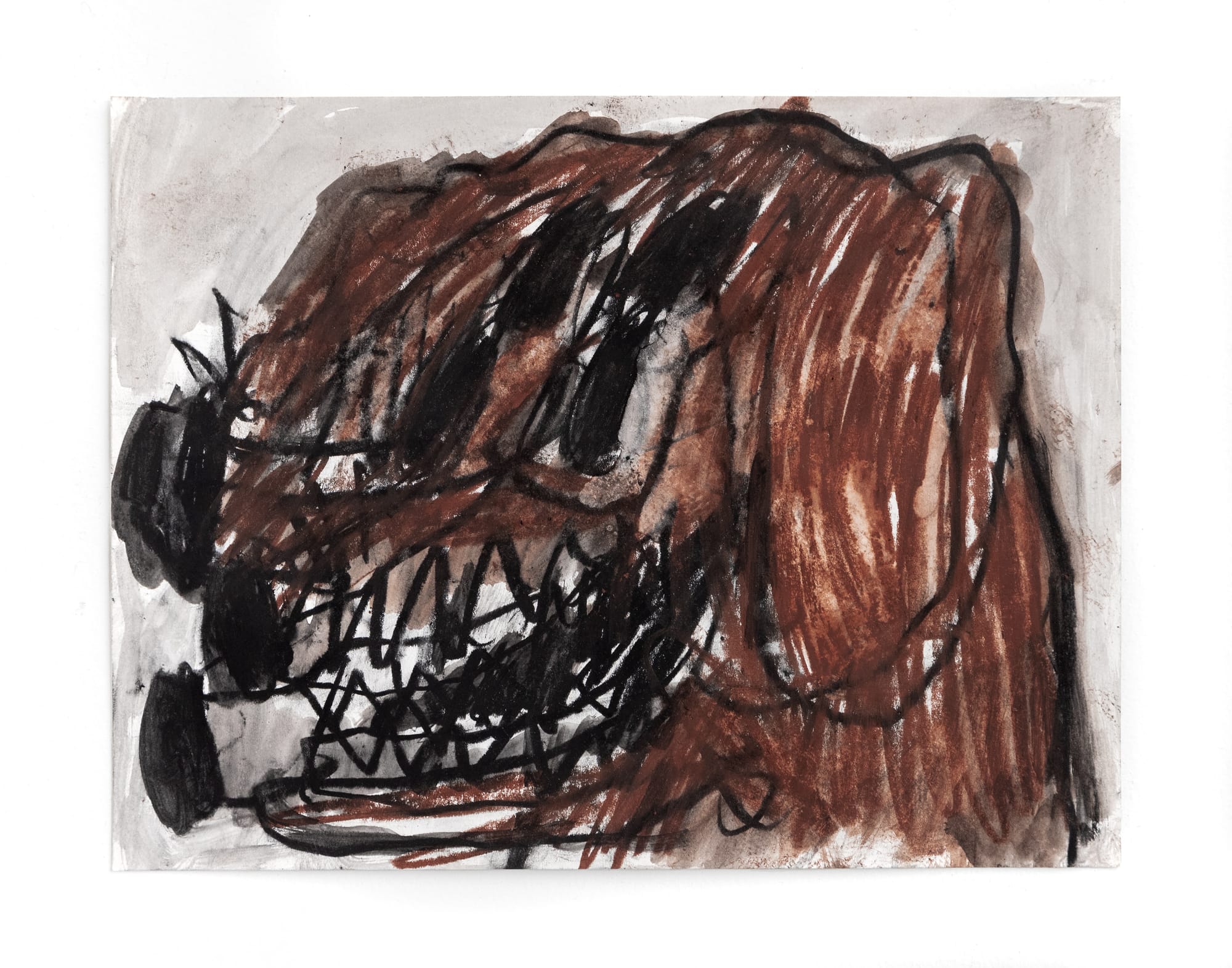 ‘Brown Dog’ (2024) by Taylor A. White – small-scale, raw expressionist drawing in black and brown tones, depicting a snarling, abstracted dog head with exaggerated teeth and dark eyes. Loose, gestural lines and textured shading evoke urgency and primal energy.