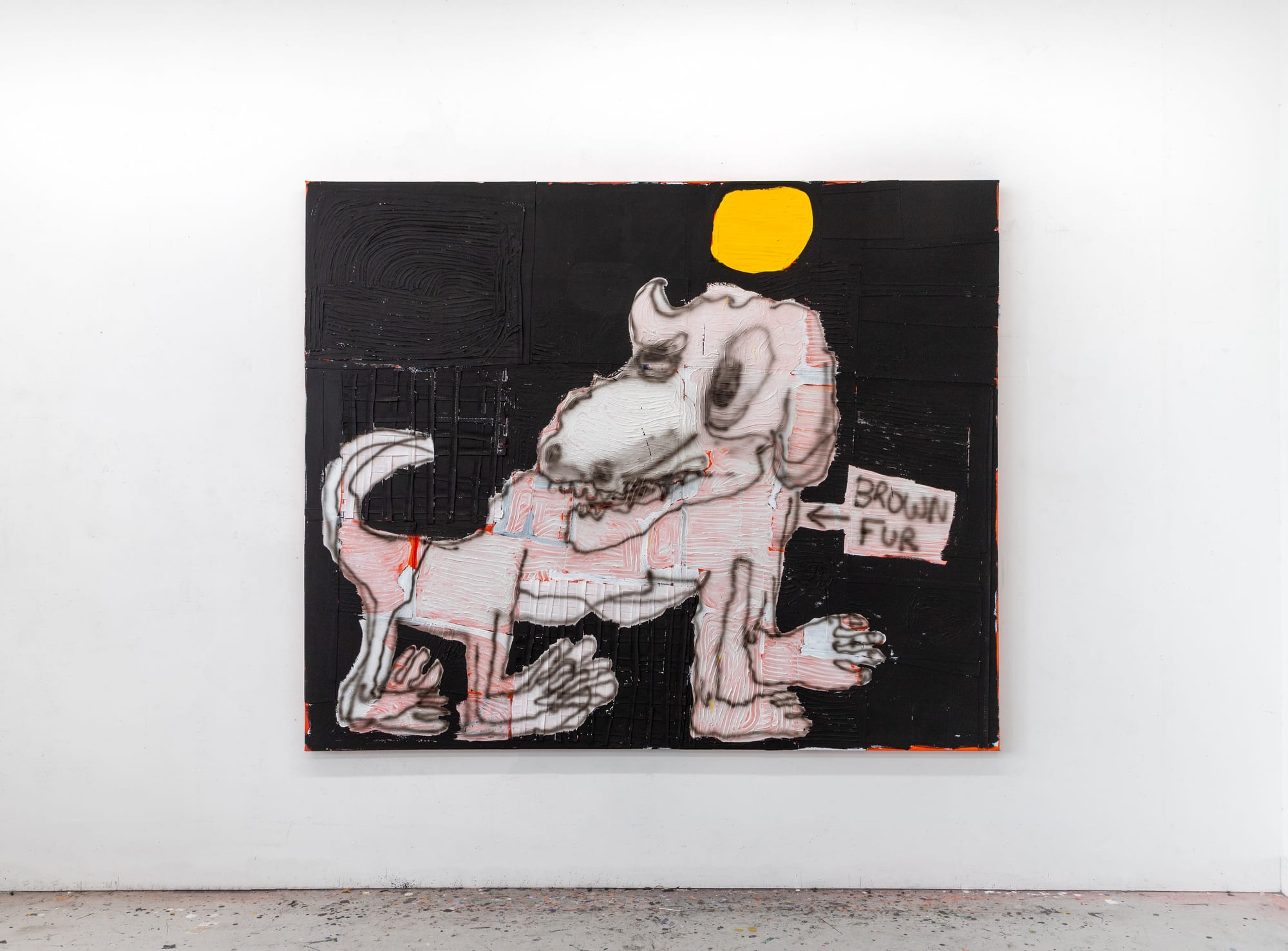 Contemporary painting 'Brown Fur' (2023) by Taylor A. White – large-scale, multi-layered expressionist work depicting an abstract dog figure with exaggerated features, textured brushwork, handwritten text ‘Brown Fur’, black background, vivid yellow sun, and playful commentary on the subject’s fur.