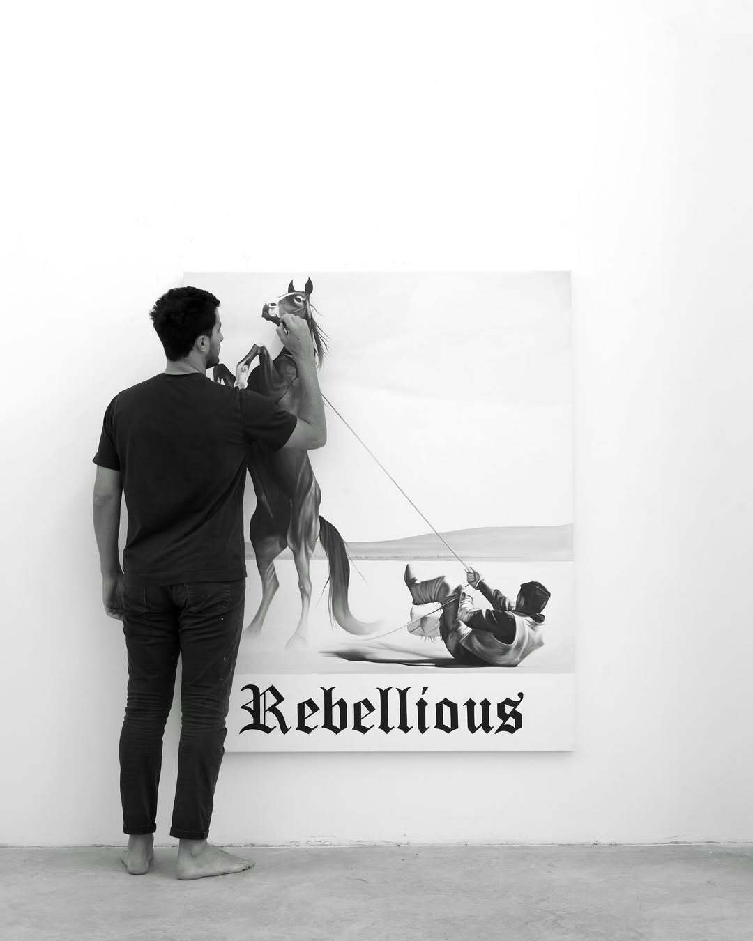 Realist portrait of cowboy figure in black and white, examining branding, masculinity, and identity by Spanish artist Ricardo Rodriguez Cosme