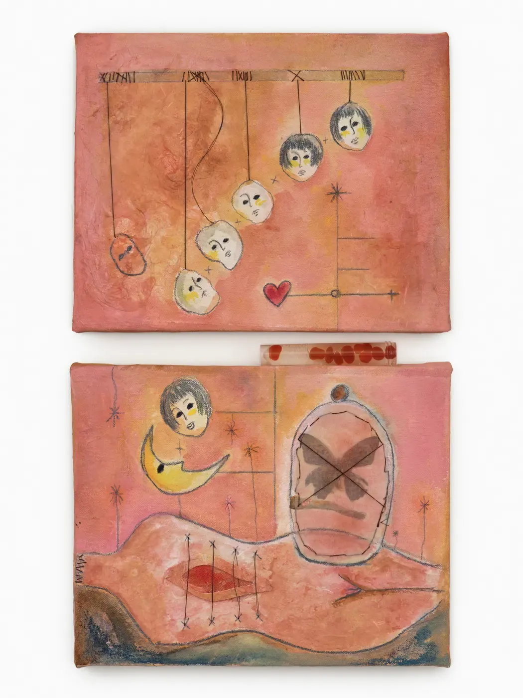 Diptych by Ailyn Lee, “Lunar Incubation” (2025): warm pink-orange ground; top panel with hanging mask faces, heart and star marks; bottom with reclining body, crescent moon, bell jar enclosing crossed butterfly; linked by a test tube.