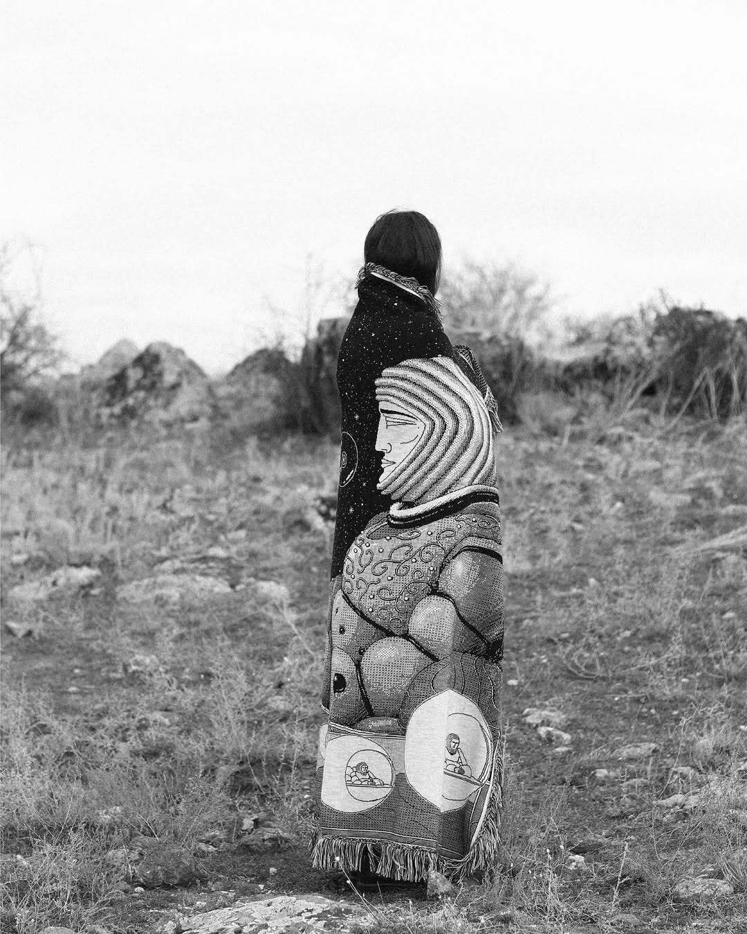 Khoren Matevosyan Armenian textile artist, Emergence Series woven cloak with mythic figure and cosmic motifs, blending Armenian folklore with digital-inspired design.