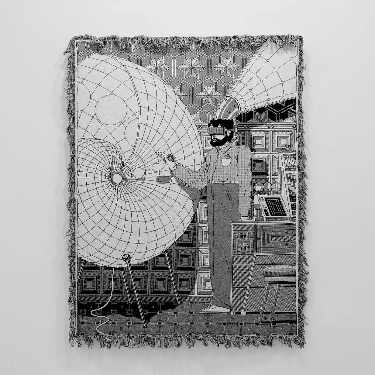 Matevosyan The Transformation of Thought into Matter – The MRMCA 4 Mechanism textile artwork depicting figure with VR headset, cosmic grids, Armenian heritage, and digital-inspired weaving