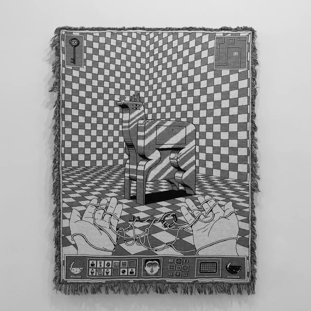 Matevosyan The Unforgettable Feeling When You Find the Key to the Next Level textile artwork with symbolic animal, chained hands, checkered digital grid, Armenian folklore motifs, and game-inspired interface.
