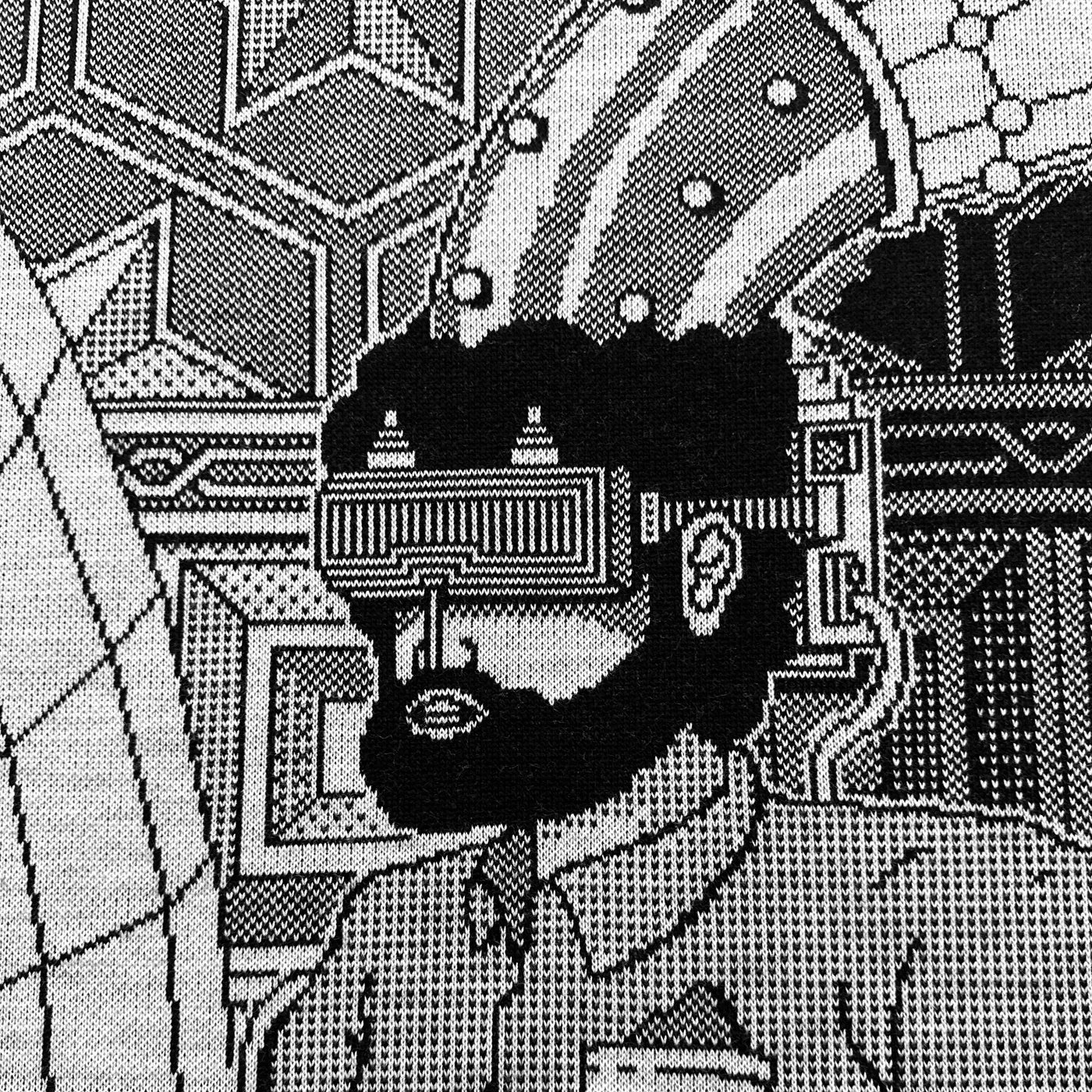 Matevosyan The Transformation of Thought into Matter – The MRMCA 4 Mechanism textile artwork depicting figure with VR headset, cosmic grids, Armenian heritage, and digital-inspired weaving