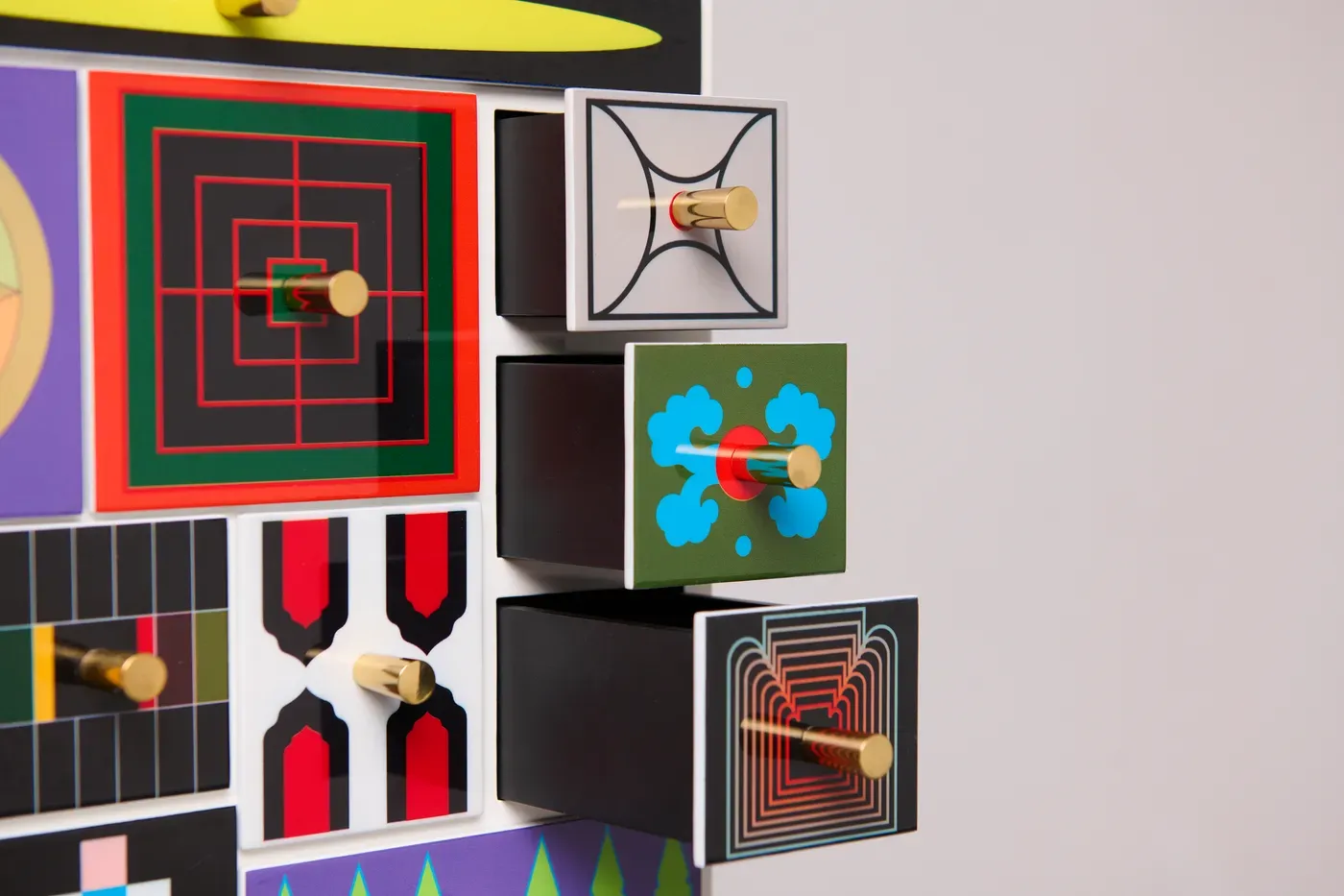 Kumkum Fernando – Detail with open drawers of the 27th Century Collector’s Cabinet, lacquered surfaces with psychedelic patterns and brass handles, blending art, mythology, and functional design. 