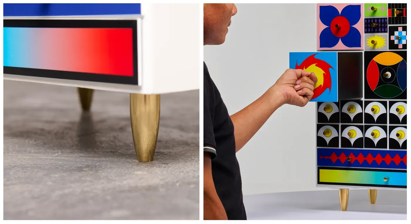 Kumkum Fernando – Close-up of the 27th Century Collector’s Cabinet, showing brass legs and hand opening a lacquered drawer with psychedelic pattern, merging design and interactive art. 