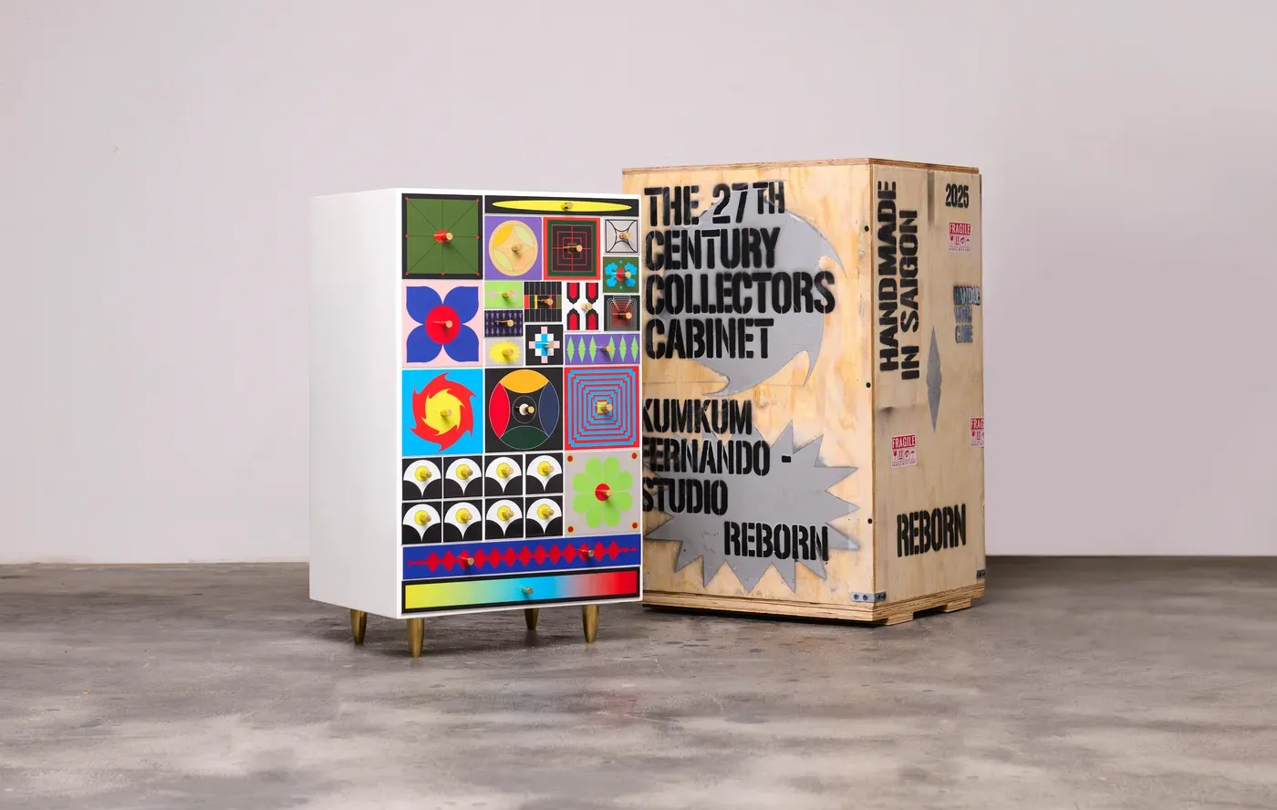 Kumkum Fernando – 27th Century Collector’s Cabinet alongside custom wooden shipping crate marked “Handmade in Saigon,” limited edition lacquered furniture artwork blending art, mythology, and futuristic design. 