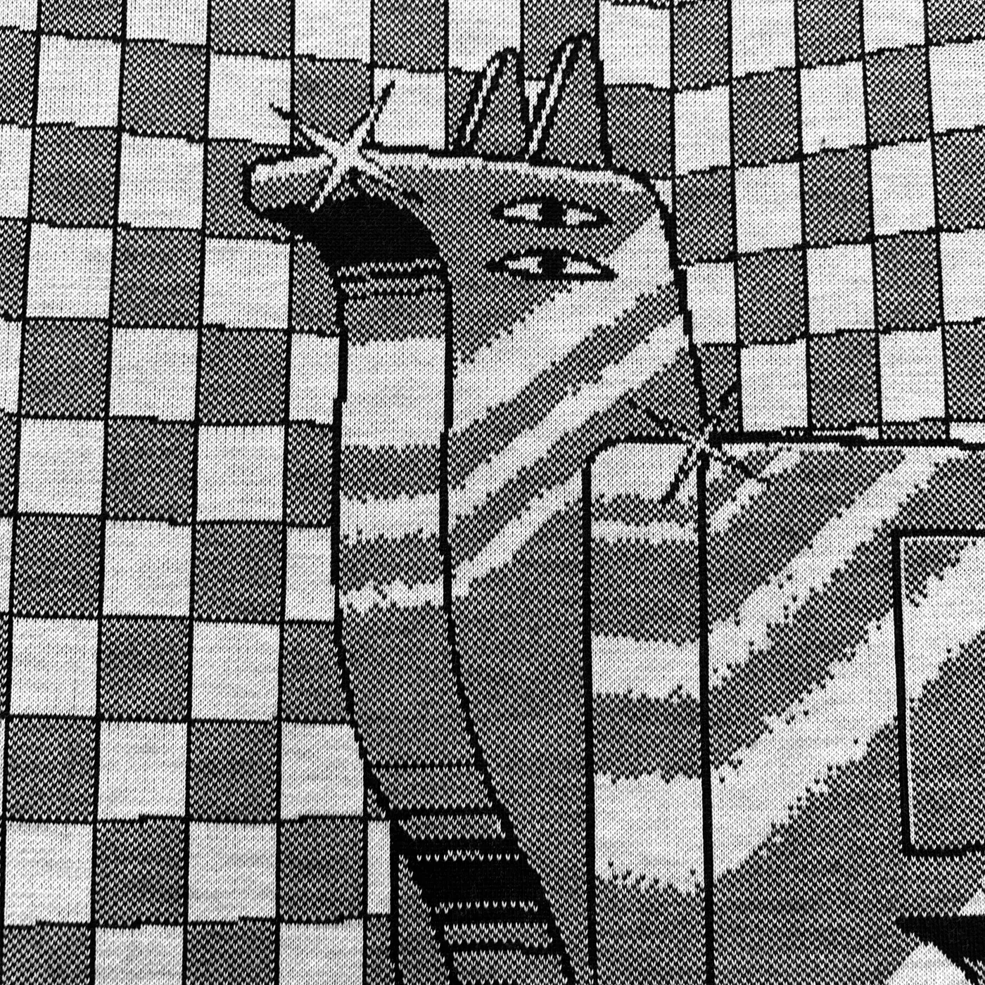 Matevosyan The Unforgettable Feeling When You Find the Key to the Next Level textile artwork with symbolic animal, chained hands, checkered digital grid, Armenian folklore motifs, and game-inspired interface.