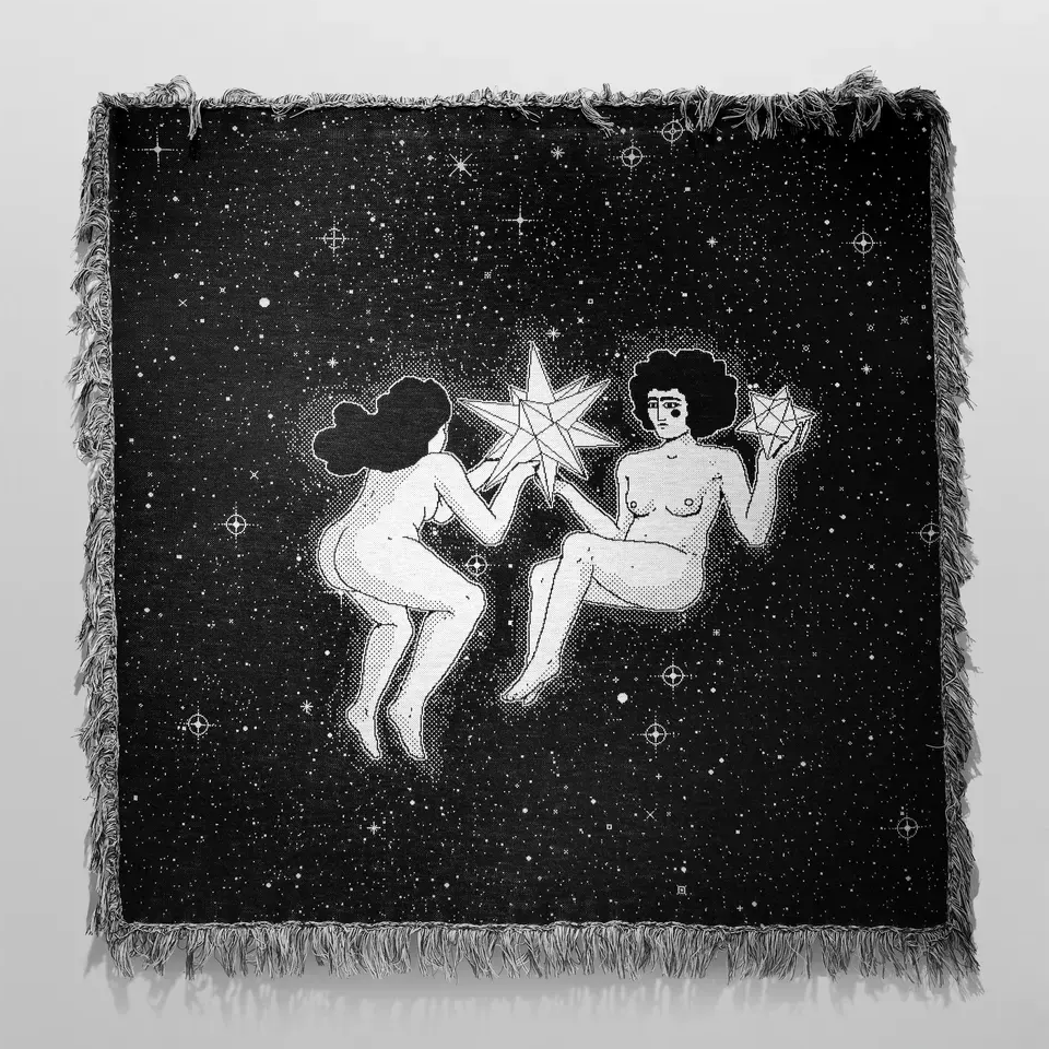 Matevosyan textile The Creators of Stars with two floating figures exchanging radiant stars in a cosmic field, merging Armenian folklore with digital design.