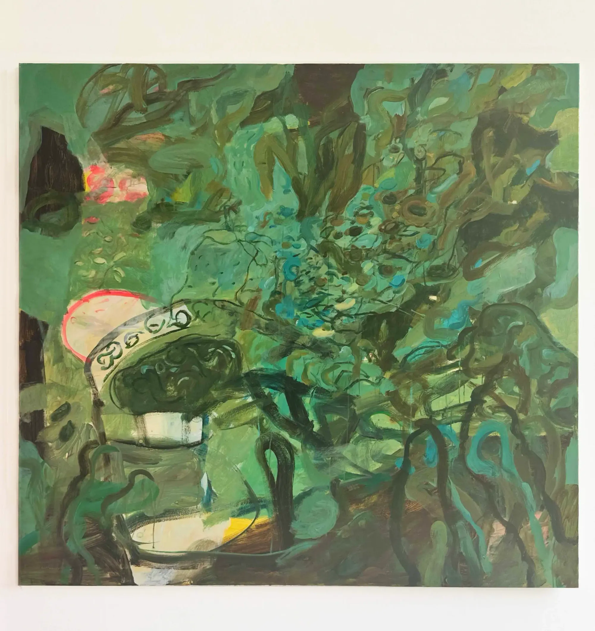 Parallel Vienna 2025: Painting by Adel Dauood, represented by Artecont Gallery, abstract green composition with organic shapes, exhibited at the Otto Wagner Areal, Vienna.