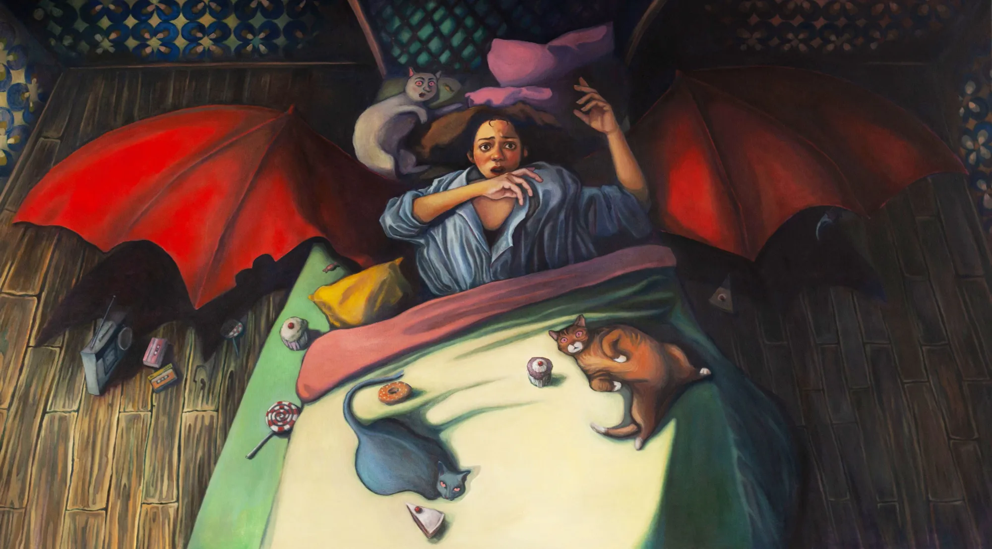 Eliane Diur, oil on canvas, dreamlike bedroom interior with figures and animals, Leipzig contemporary painter