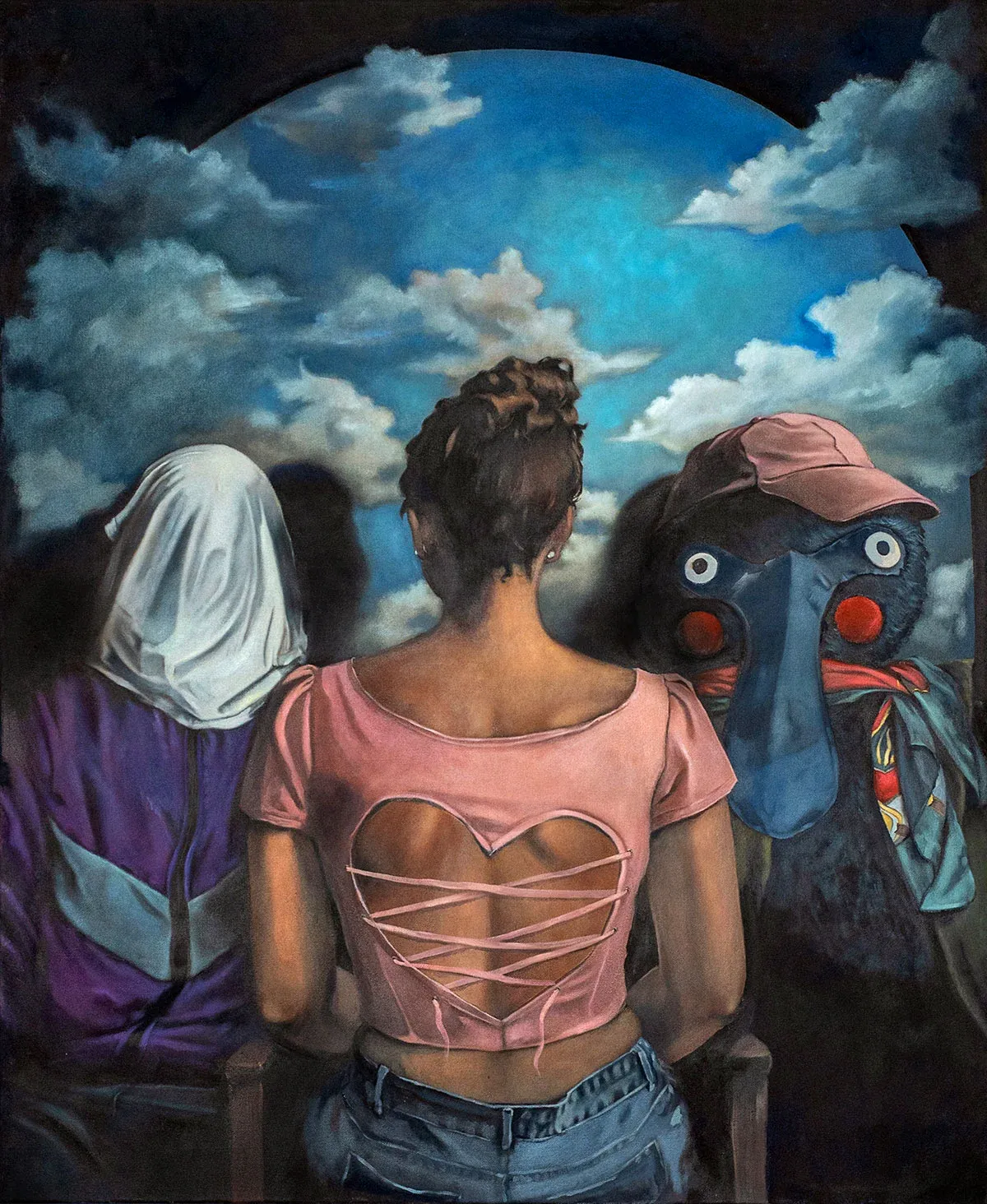 Eliane Diur, oil on canvas, figurative group portrait under sky motif, German emerging artist, Leipzig 2025
