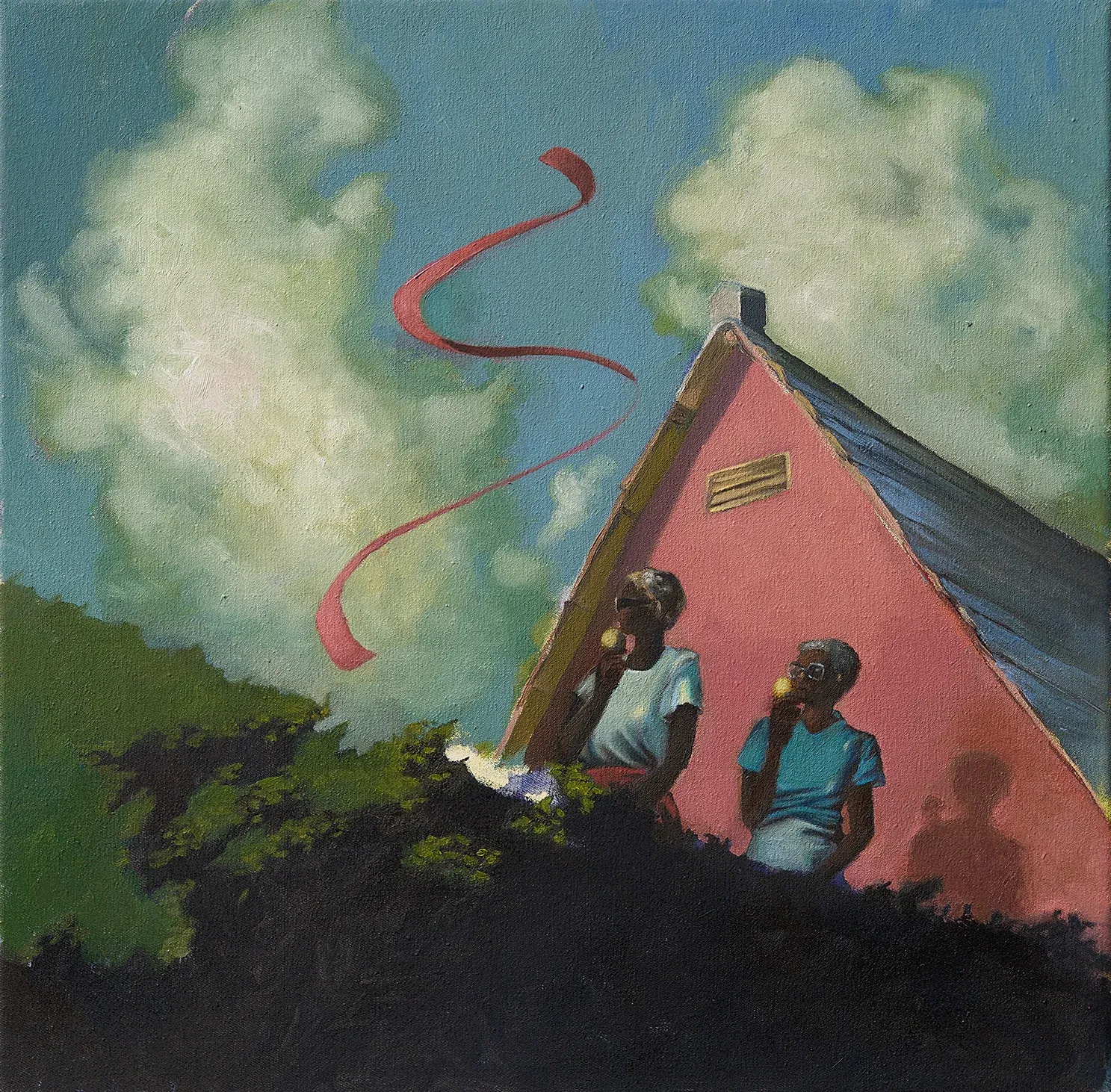 Eliane Diur, oil on canvas, house with figures under sky, Leipzig painter, German contemporary art