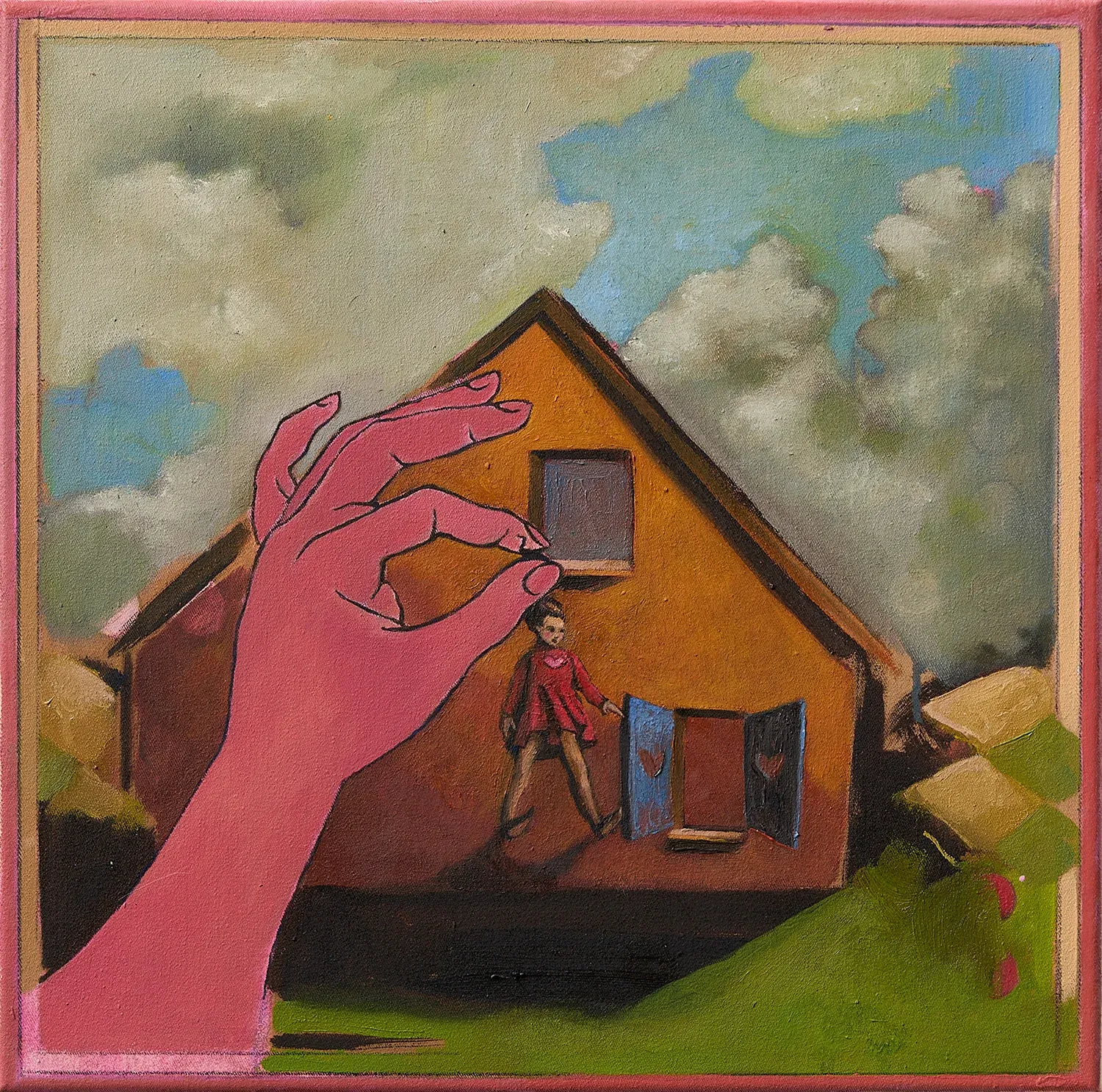 Eliane Diur, oil on canvas, figurative painting with house and hand, German emerging artist, Leipzig contemporary scene