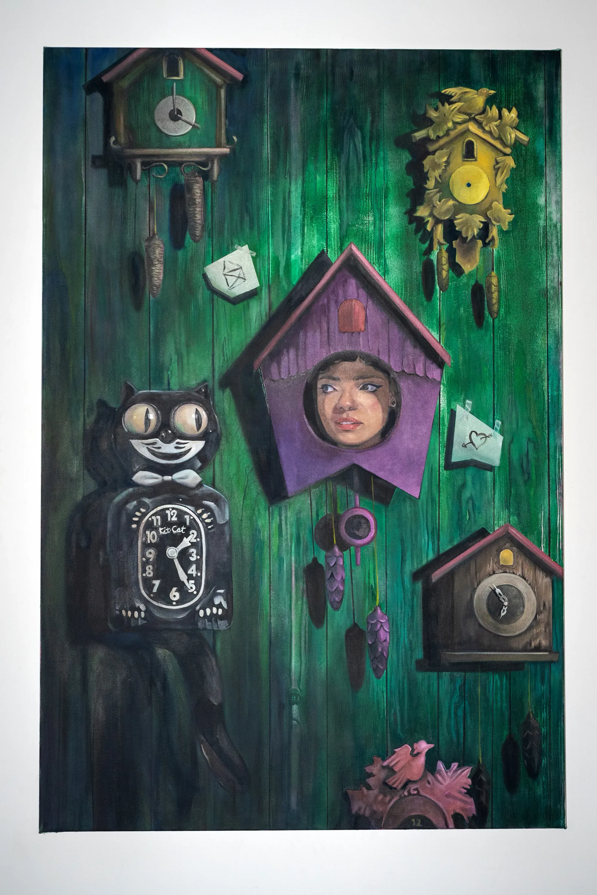 Eliane Diur, oil on canvas, cuckoo clocks and avatar face, German contemporary painting, Leipzig artist
