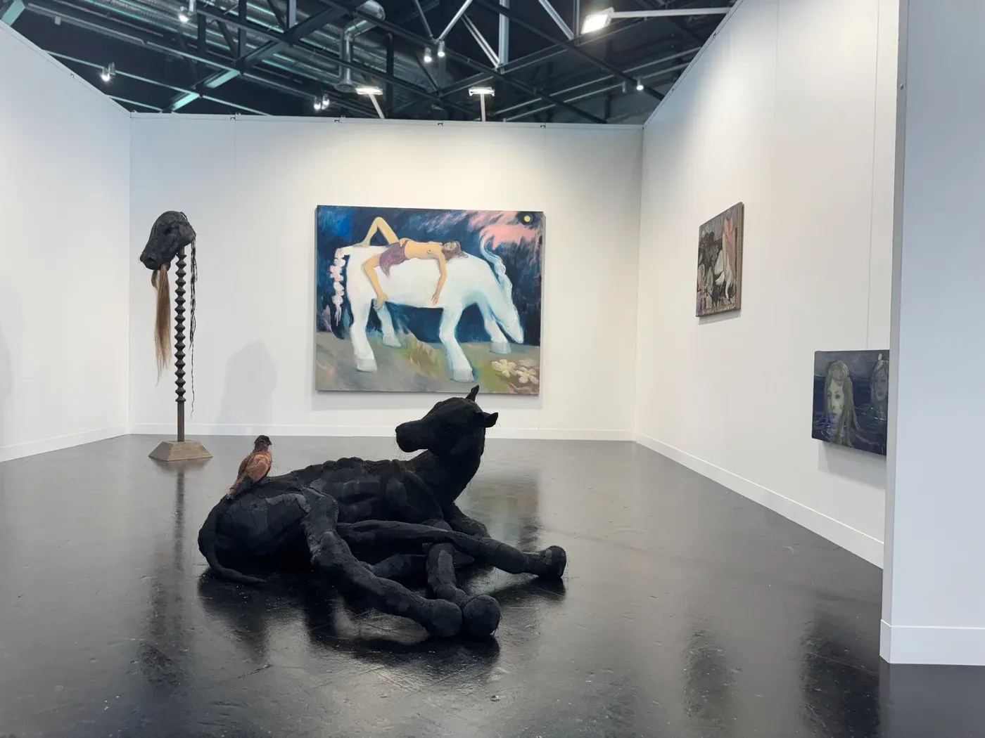 Contemporary Vienna 2025: Julia Woronowicz (paintings of horse with teenager lying topless on it) and Jan Baszak (sculptures of horse in black with bird and a horse head sculpture) with WHOISPOLA.