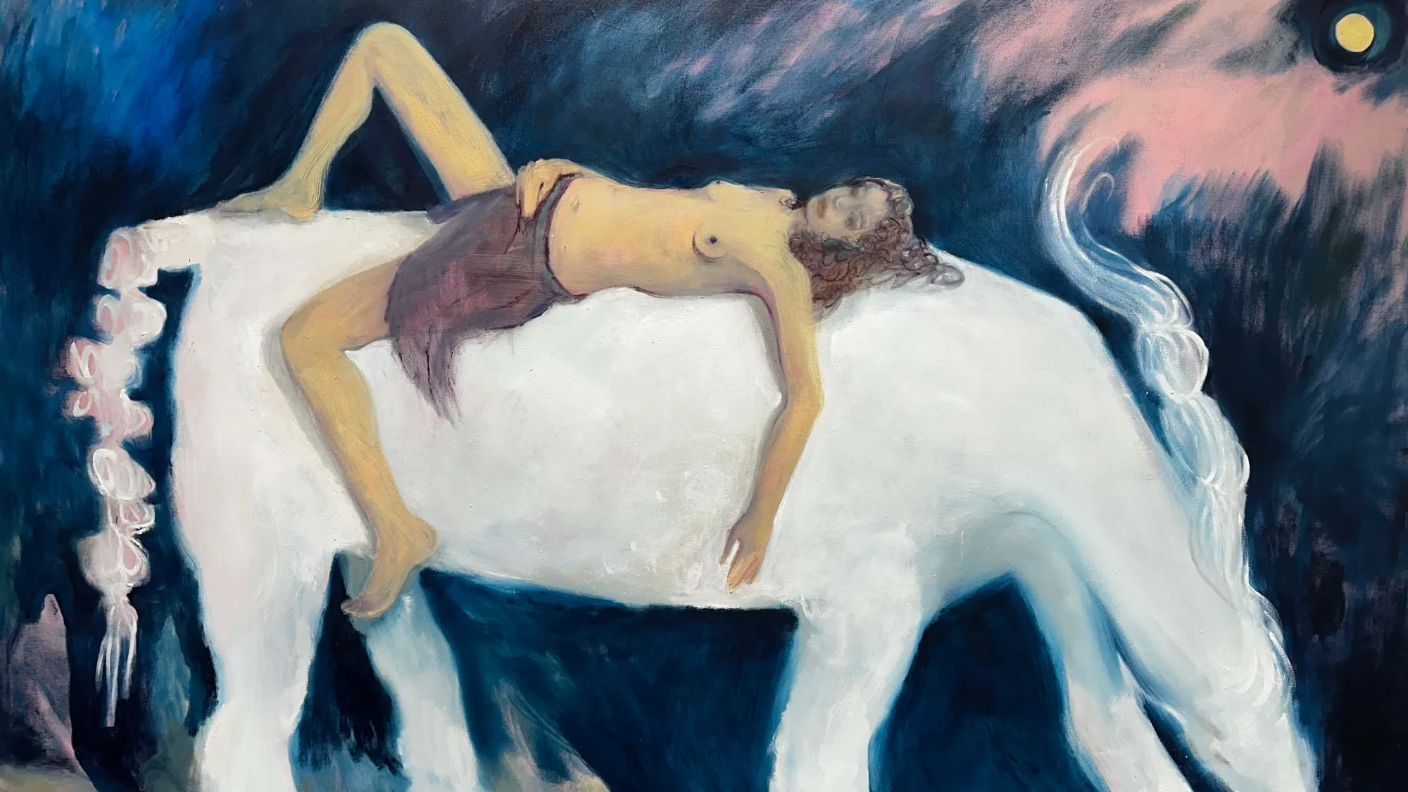Julia Woronowicz, oil painting of a teen figure on a white horse at night, WHOISPOLA gallery, Vienna Contemporary 2025.