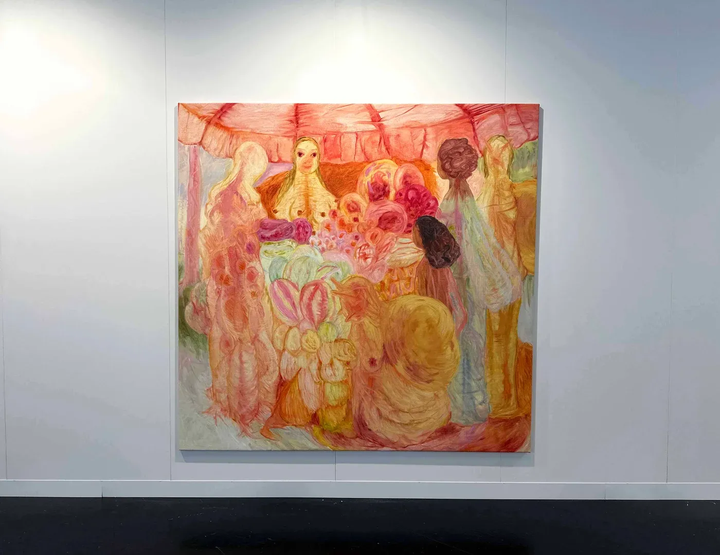 Kateryna Lysovenko, large figurative painting with flowers, Tba Gallery, Vienna Contemporary 2025.