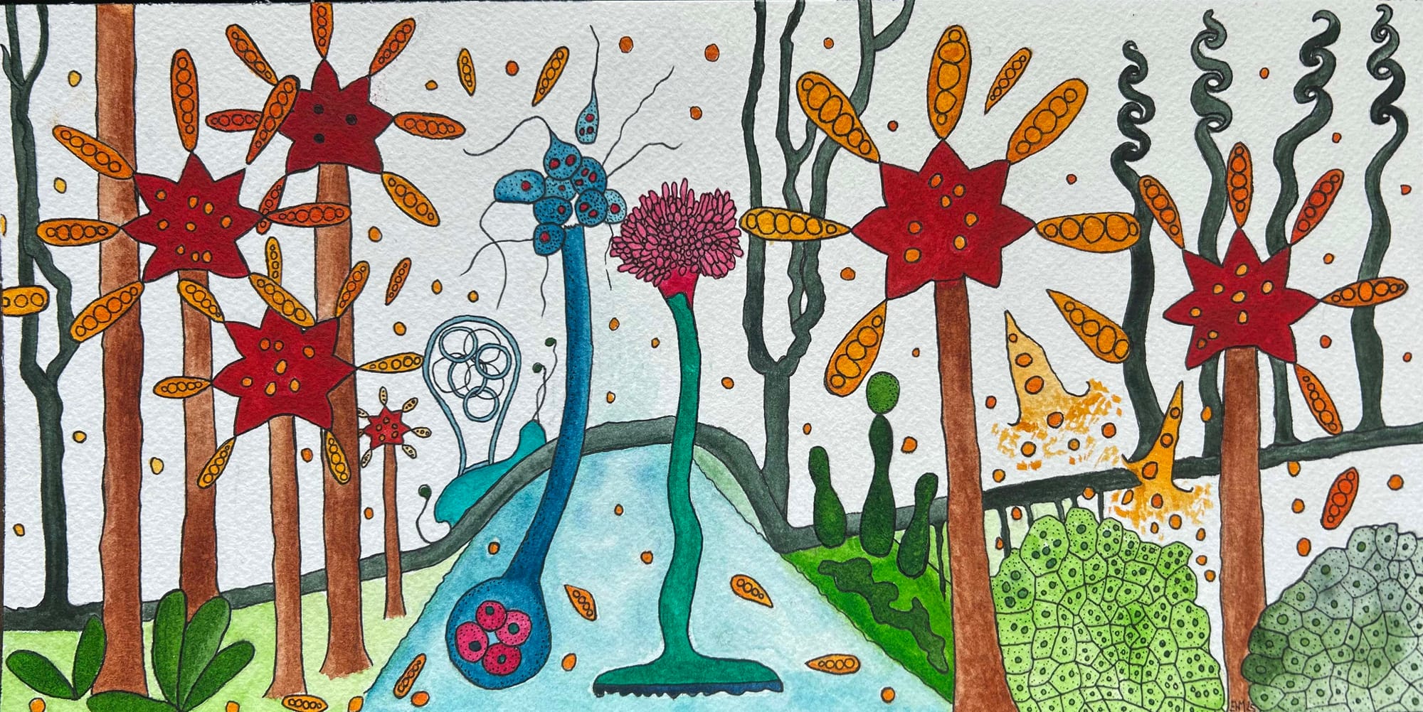 rica fuentes martinez, modular mix series, watercolor and ink on cotton paper, microscopic ecosystem abstract art