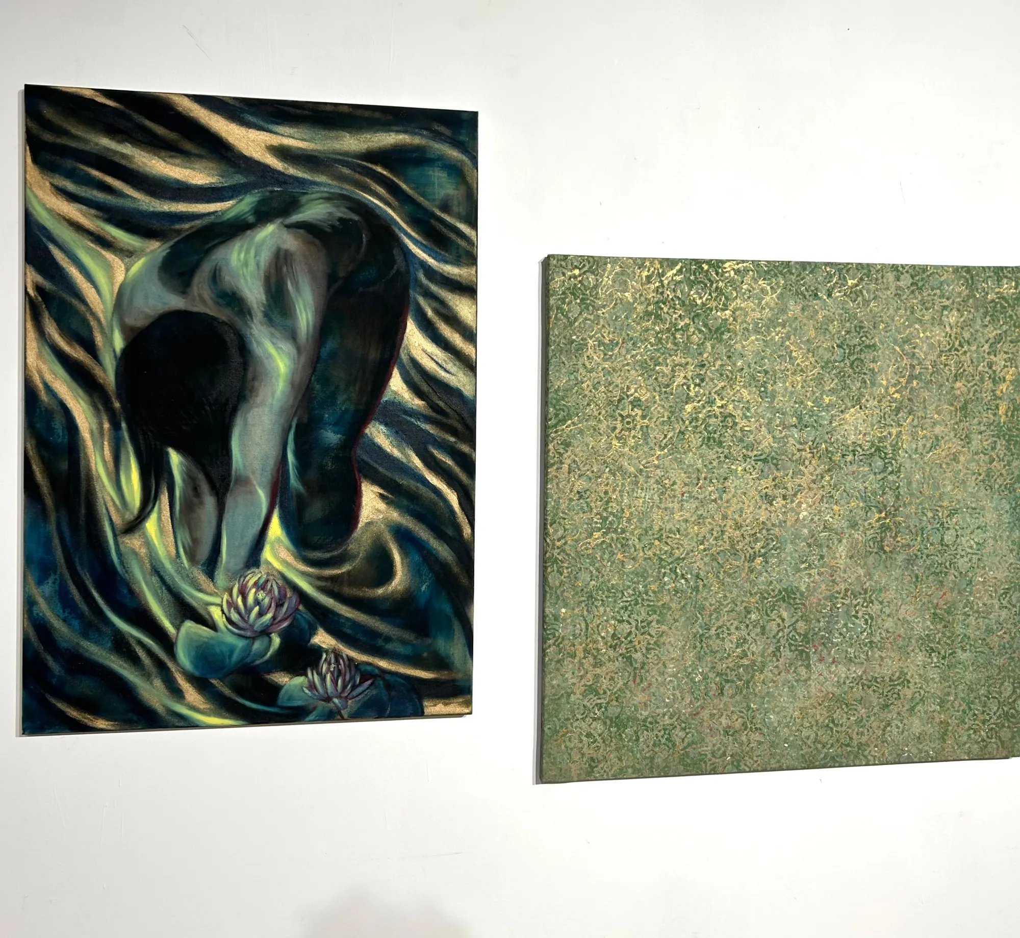 Candy Bassas, exhibition view, Berlin, oil on canvas figurative work with nocturnal water alongside abstract green painting.