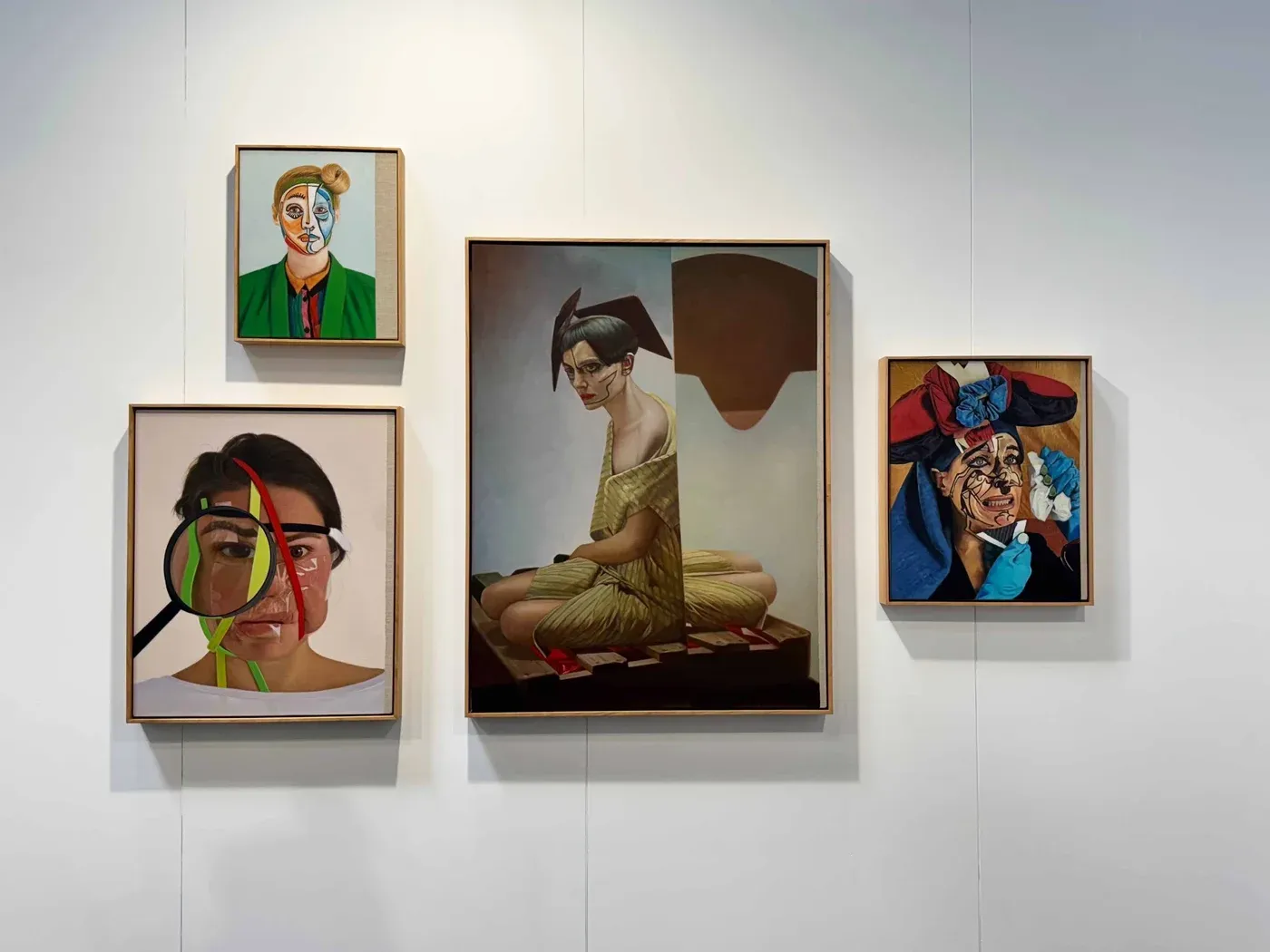 Contemporary Vienna art fair 2025, Messe Wien: wall view of four oils by Christian Jankowski from Neue Malerei, portraits after Picasso’s paintings reinterpreted from amateur re-enactments.