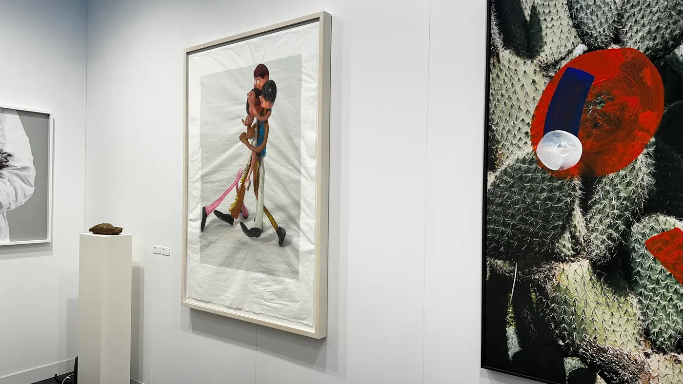 Gottfried Bechtold, framed image of intertwined figures, Galerie Krinzinger, Vienna Contemporary 2025. and Hanakam & Schuller, photographic work with cactus and painted circles, Galerie Krinzinger, Vienna Contemporary 2025 and Martin wade