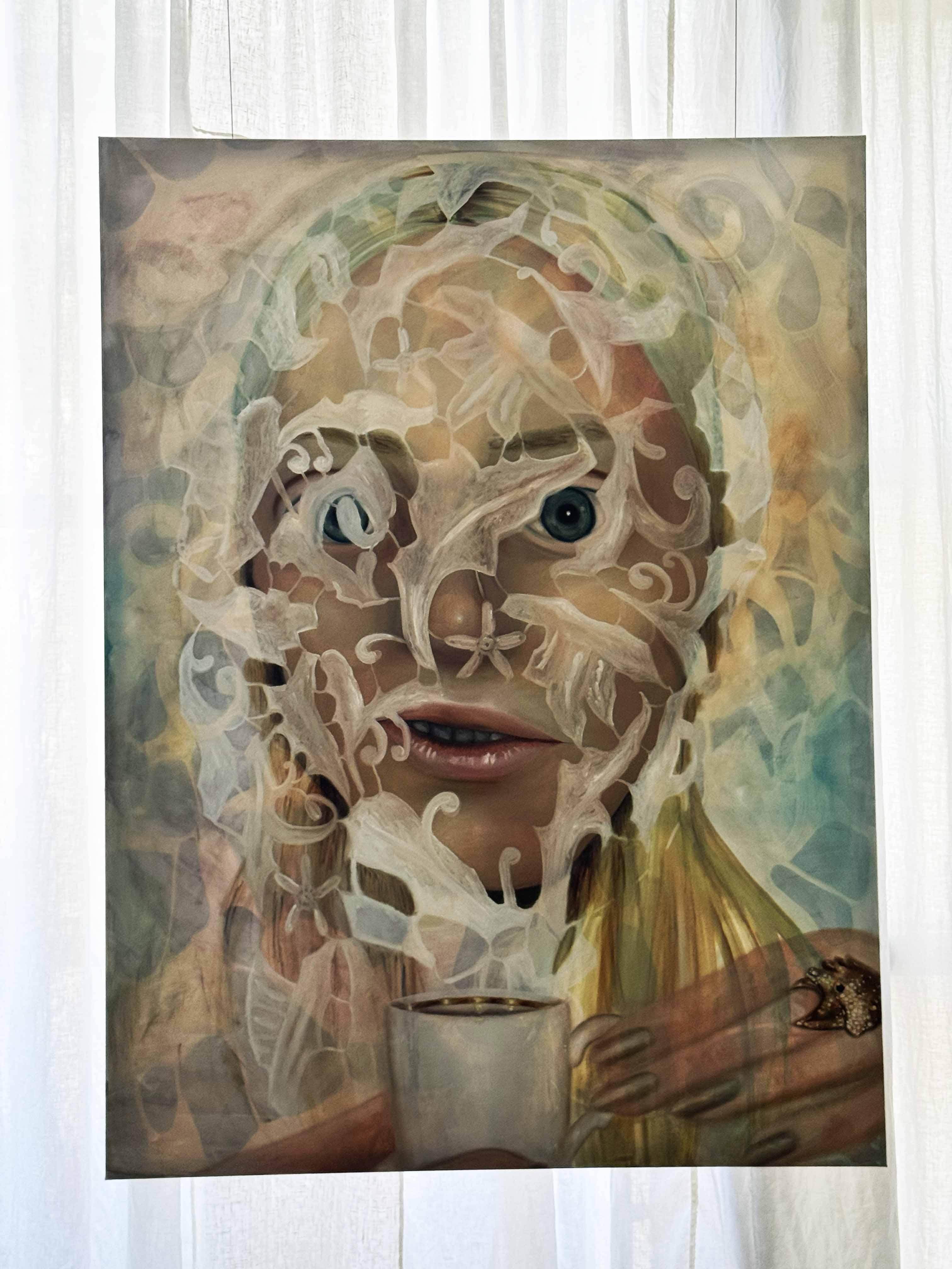 Parallel Vienna 2025: Painting by Erin Patricia Sankey showing a female face partly obscured by lace-like patterns, exhibited at the Otto Wagner Areal, Vienna. New discovery artist featured with statement.