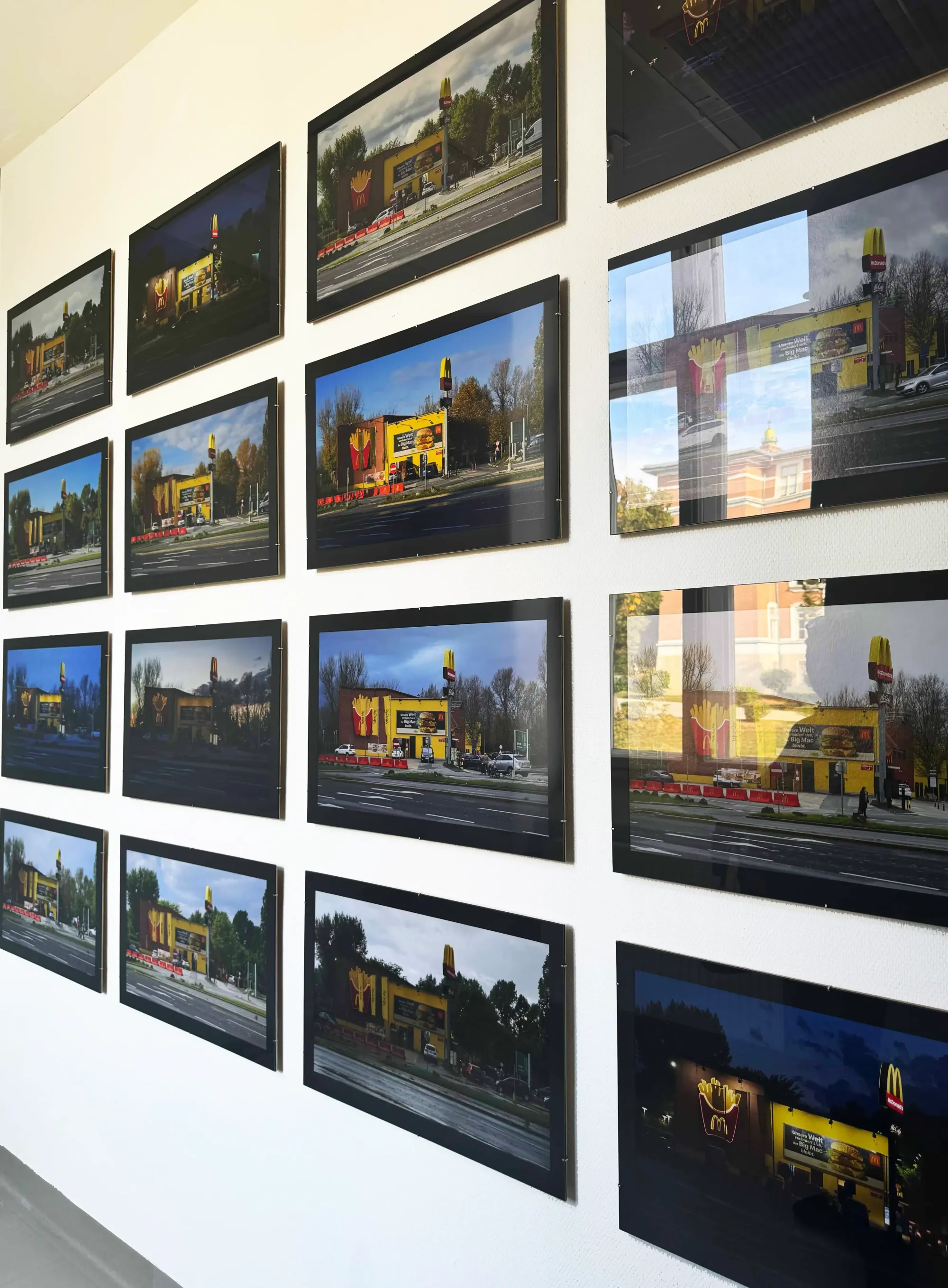 Photographic series by Florian Genzken documenting different views of a McDonald’s building, exhibited in the Artist Statements section at the Otto Wagner Areal, Vienna. Previously featured on Munchies Art Club.