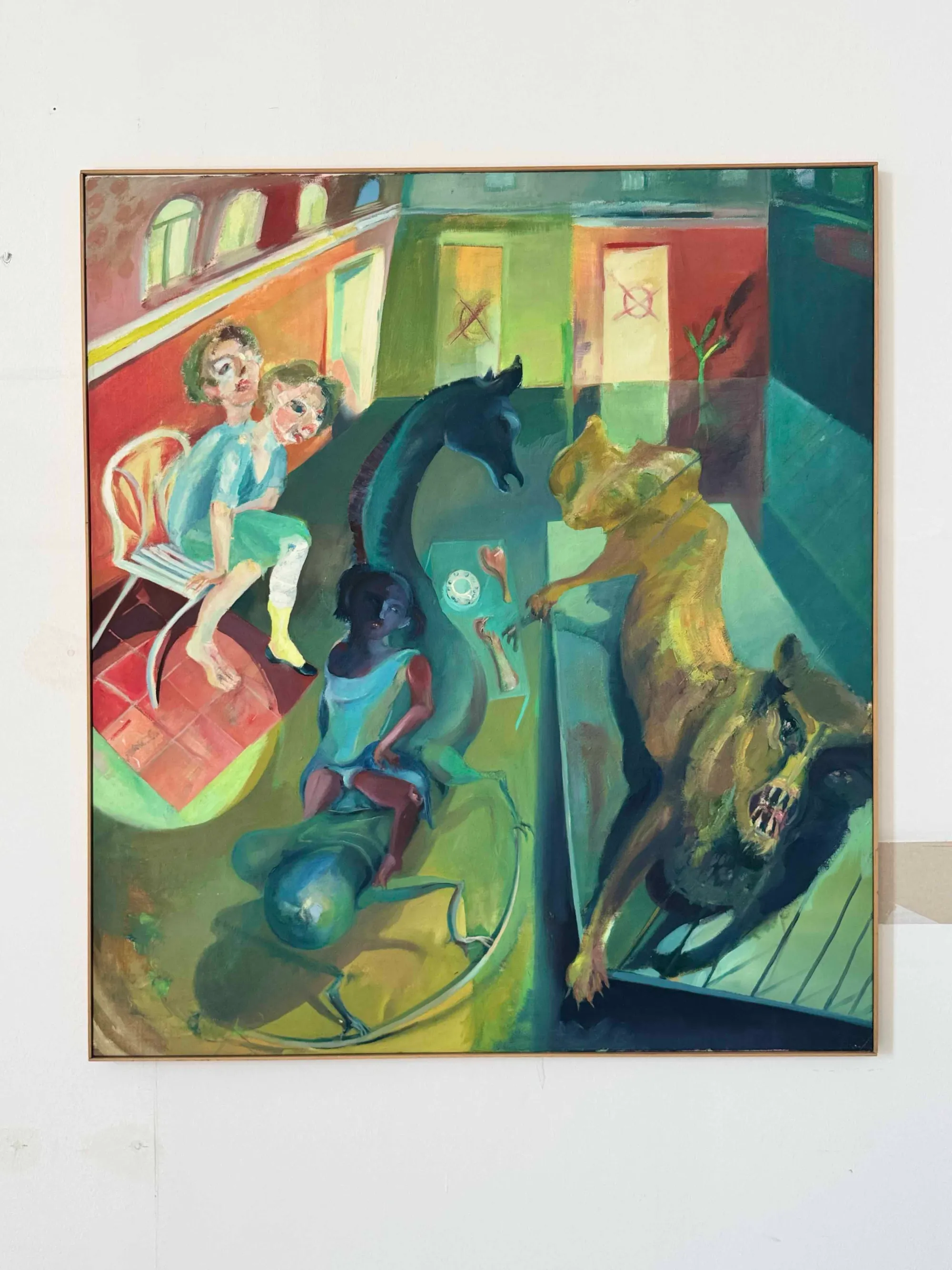 Parallel Vienna 2025: Painting by Johanna Freise with surreal figures, animals, and bold colors, exhibited with Galerie Elisabeth & Klaus Thoman in the Gallery Statements section at the Otto Wagner Areal, Vienna.