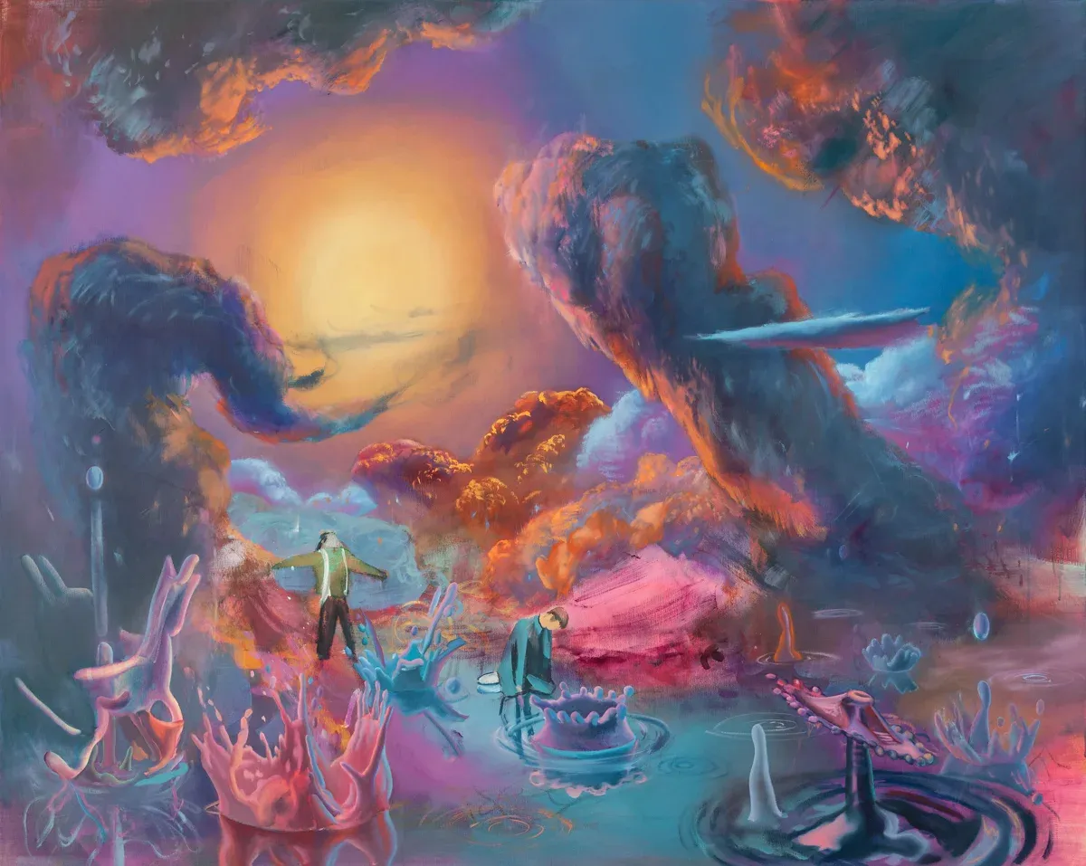Martin Schuster painting, “No Milk Today,” surreal sunset landscape with figures, 2021.