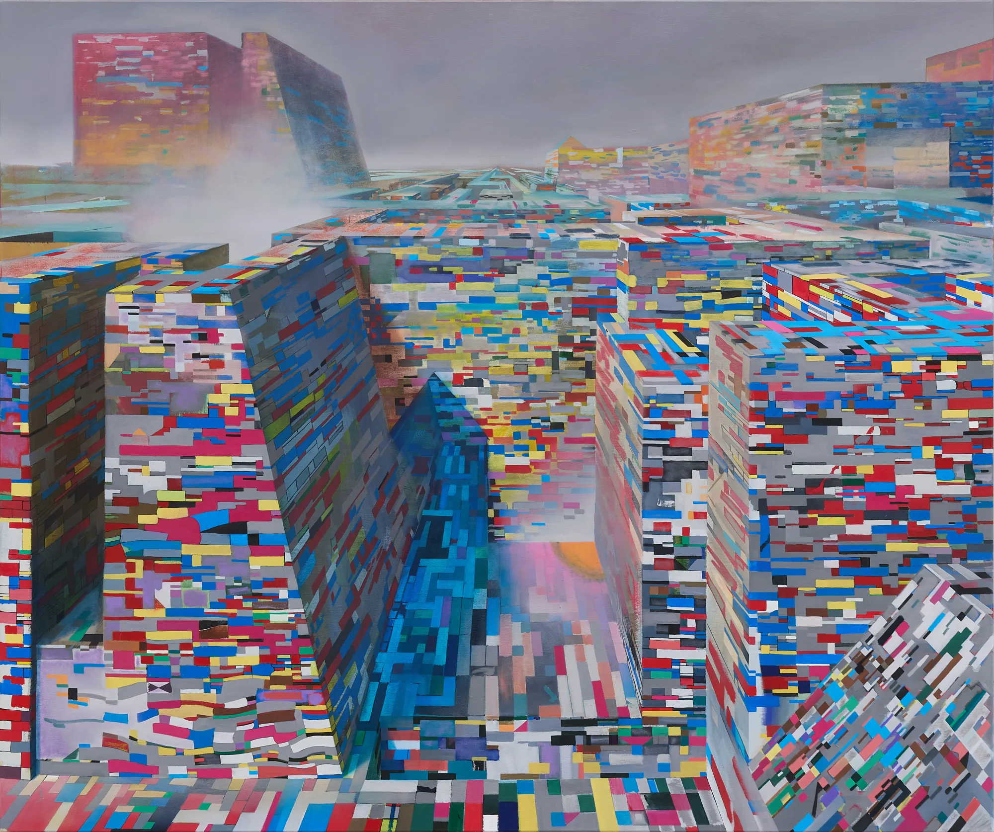 Martin Schuster cityscape painting, pixel-block architecture in mist, 2023.