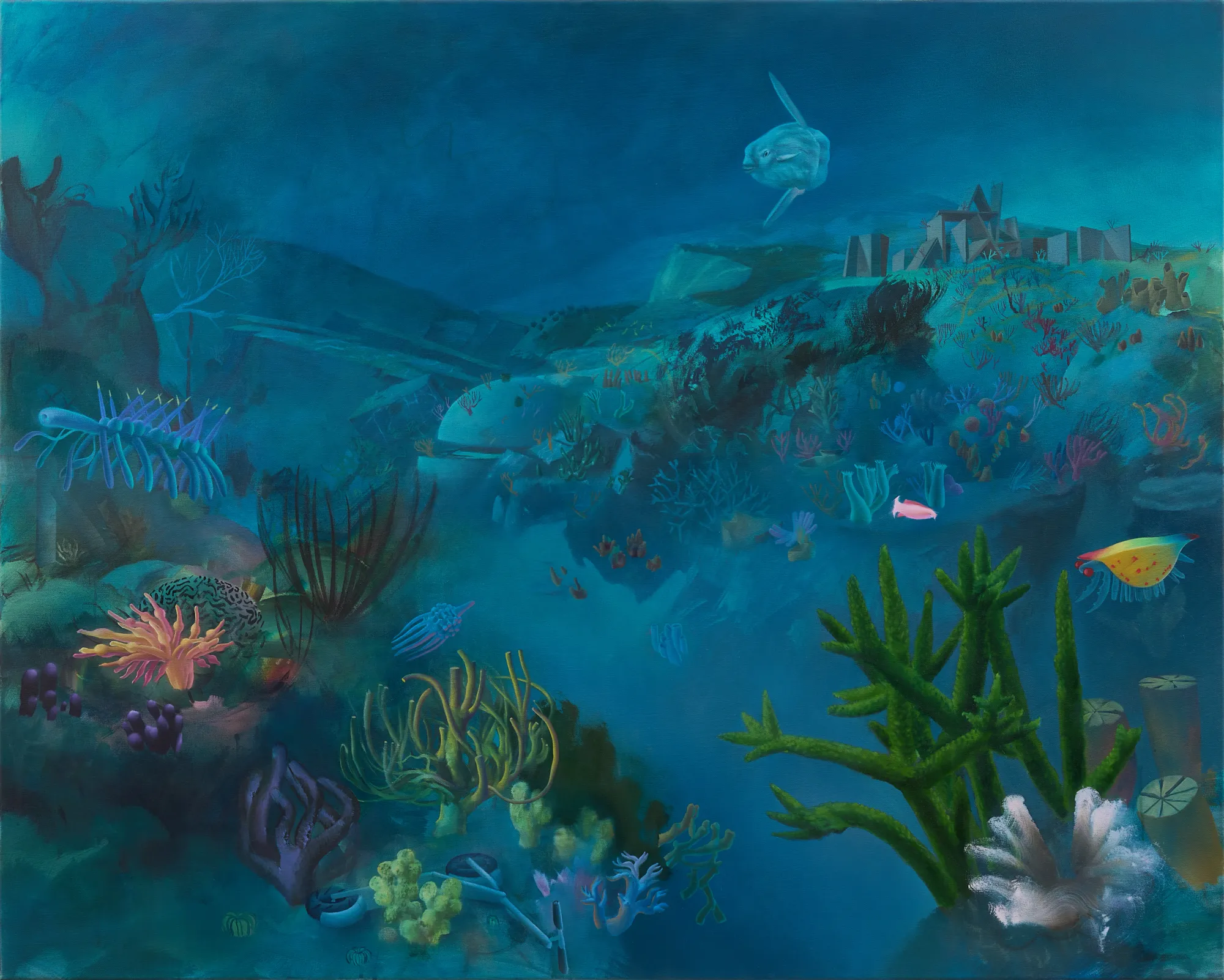 Martin Schuster painting, deep-sea landscape with corals and sunfish, 2022.