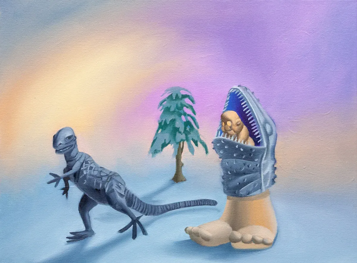 Martin Schuster painting, toy dinosaur and hybrid creature under gradient sky, 2020.