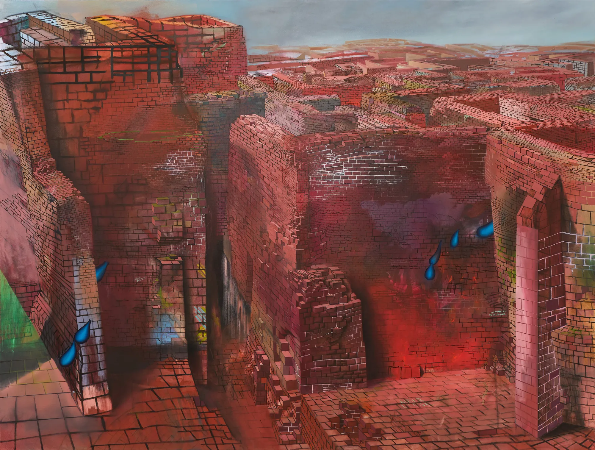 Martin Schuster painting, “Seven Drops,” red brick labyrinth with blue droplets, 2023.