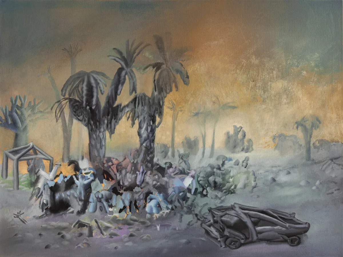 Martin Schuster painting, “Tanzabend,” smoky palm grove and crowd, 2021.