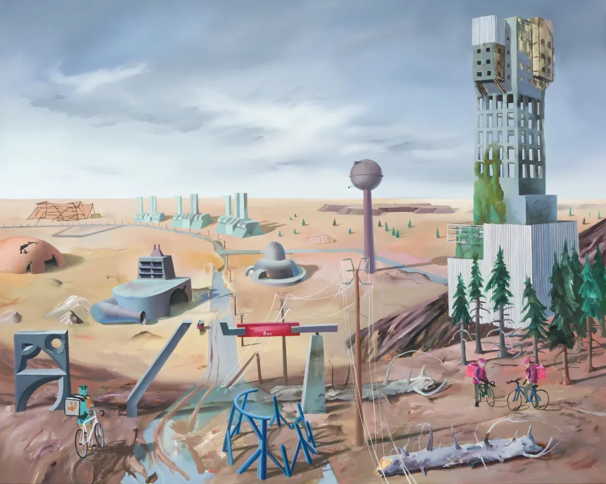 Martin Schuster painting, post-industrial landscape with tower and cyclists, 2020.