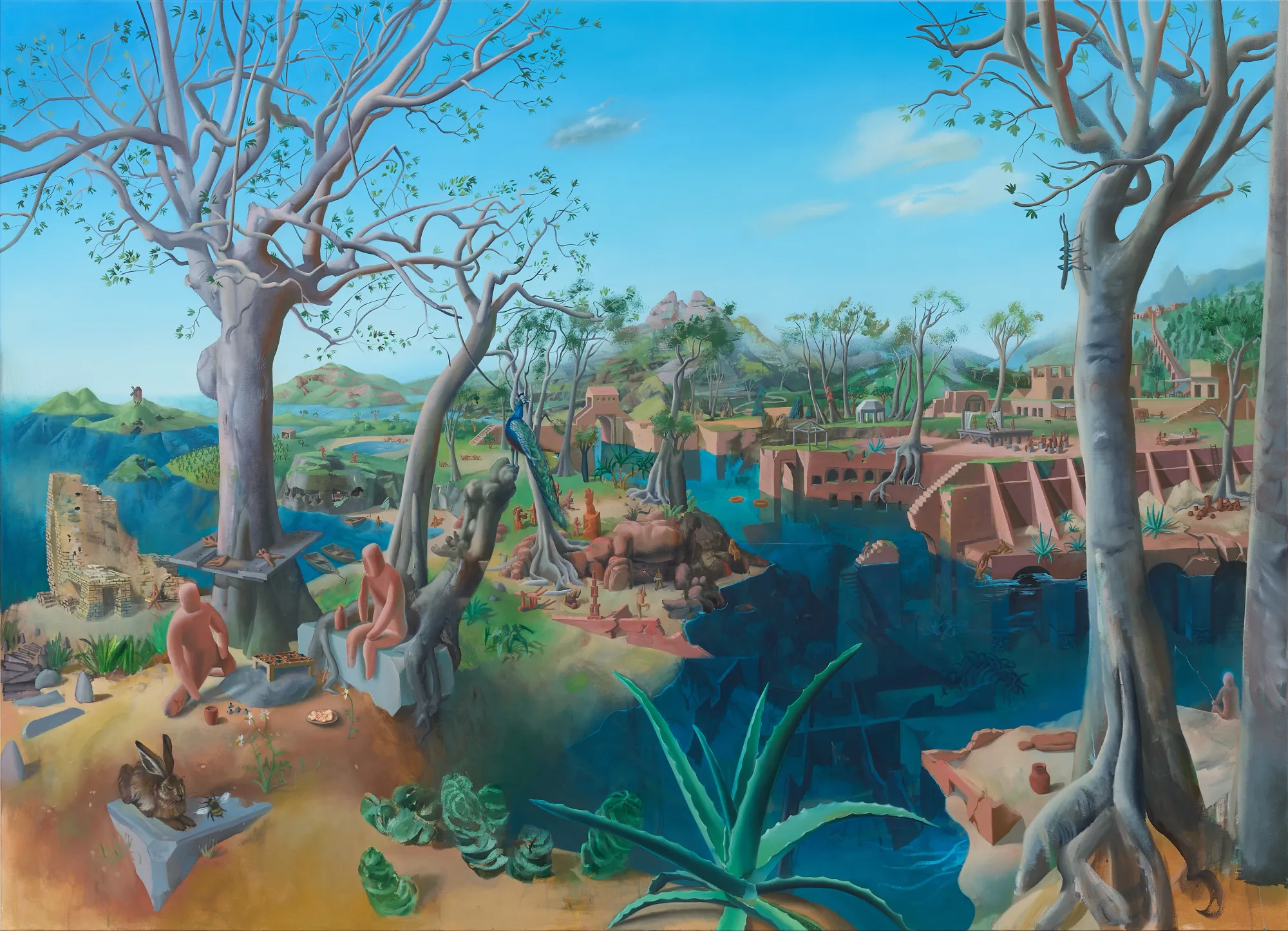 Martin Schuster painting, School of Wellbeing landscape with figures, 2021.