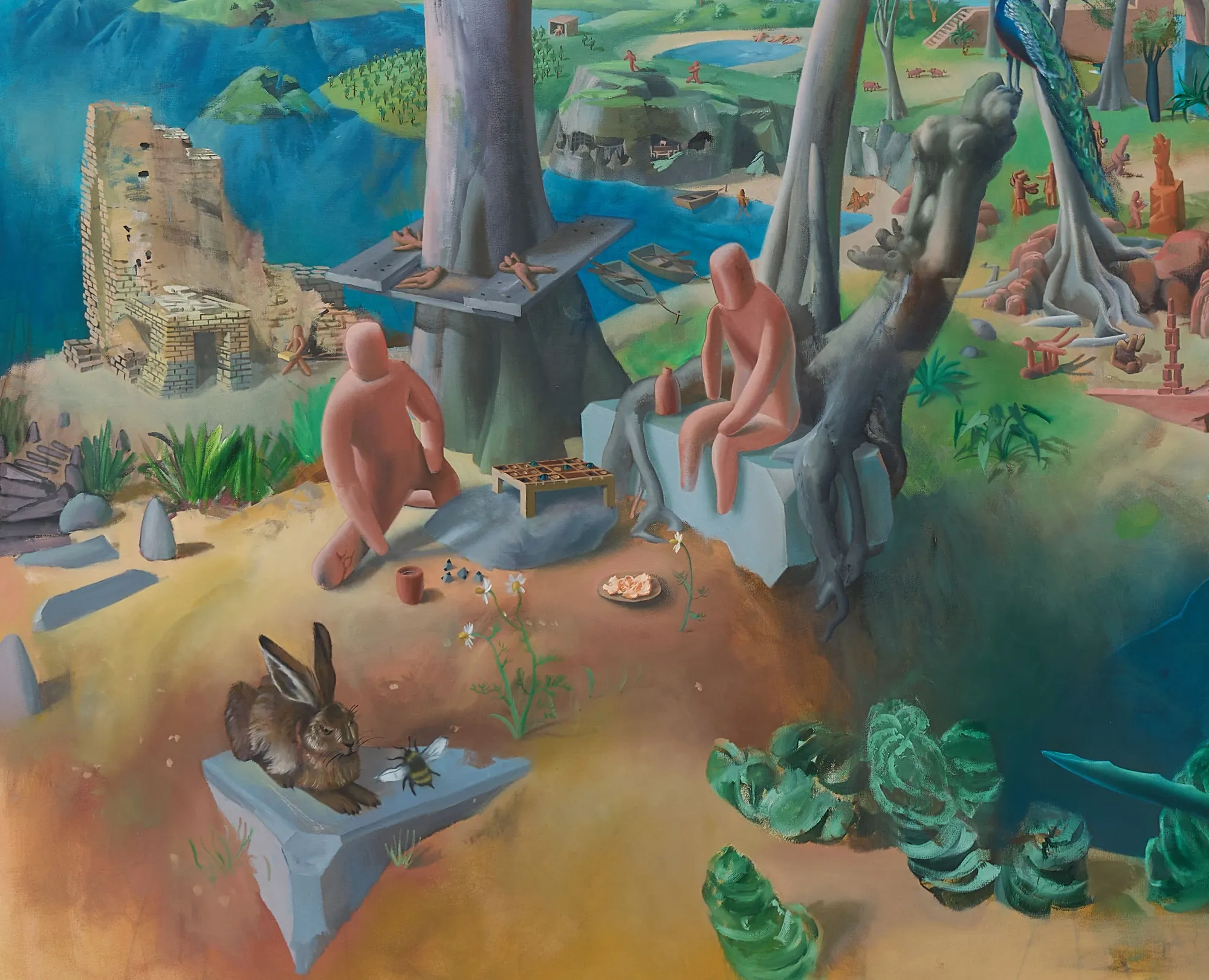 Martin Schuster painting detail, figures and animals on rocky ledge, 2021.