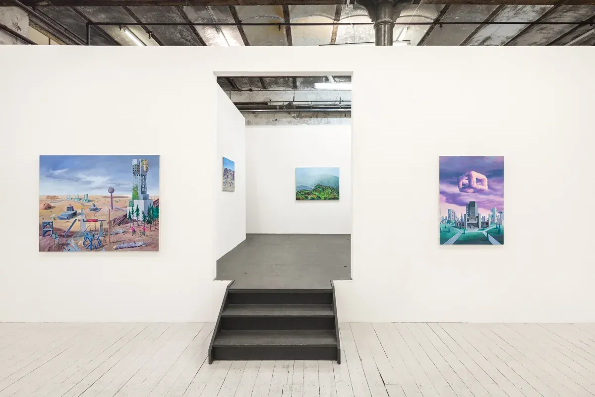 Martin Schuster exhibition view, gallery installation with landscape paintings, Leipzig.